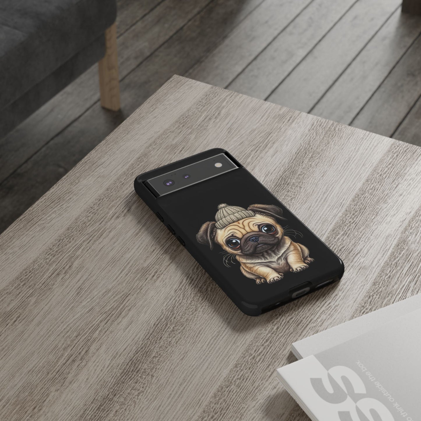 Pug Phone Case – Cute Pug Puppy Illustration on Black Tough Case