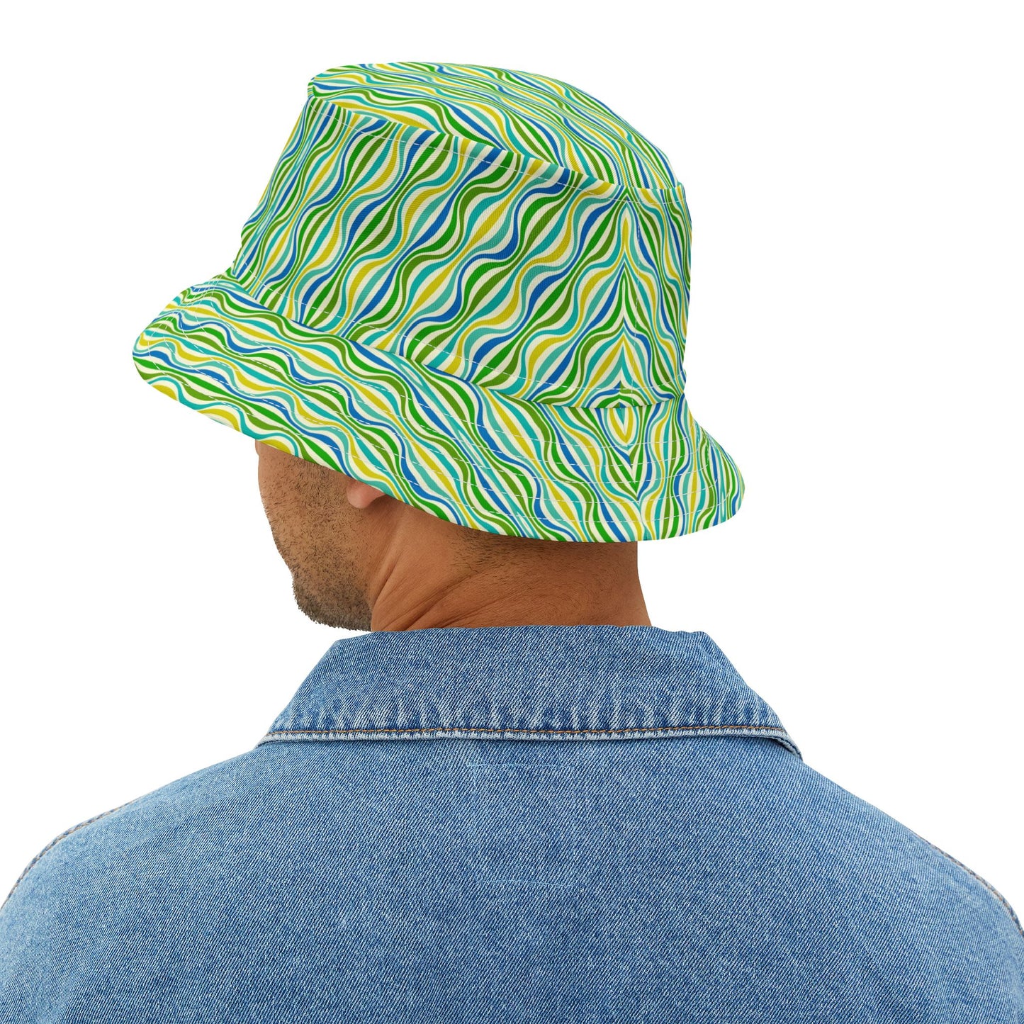Green Wave Pattern Bucket Hat — Retro Groovy Summer Sun Hat