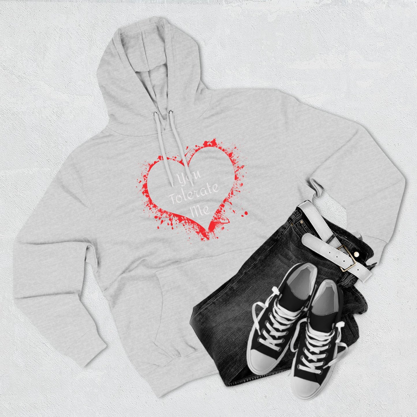 Heart Splash Hoodie — "Love Tolerate Me" Graphic Pullover