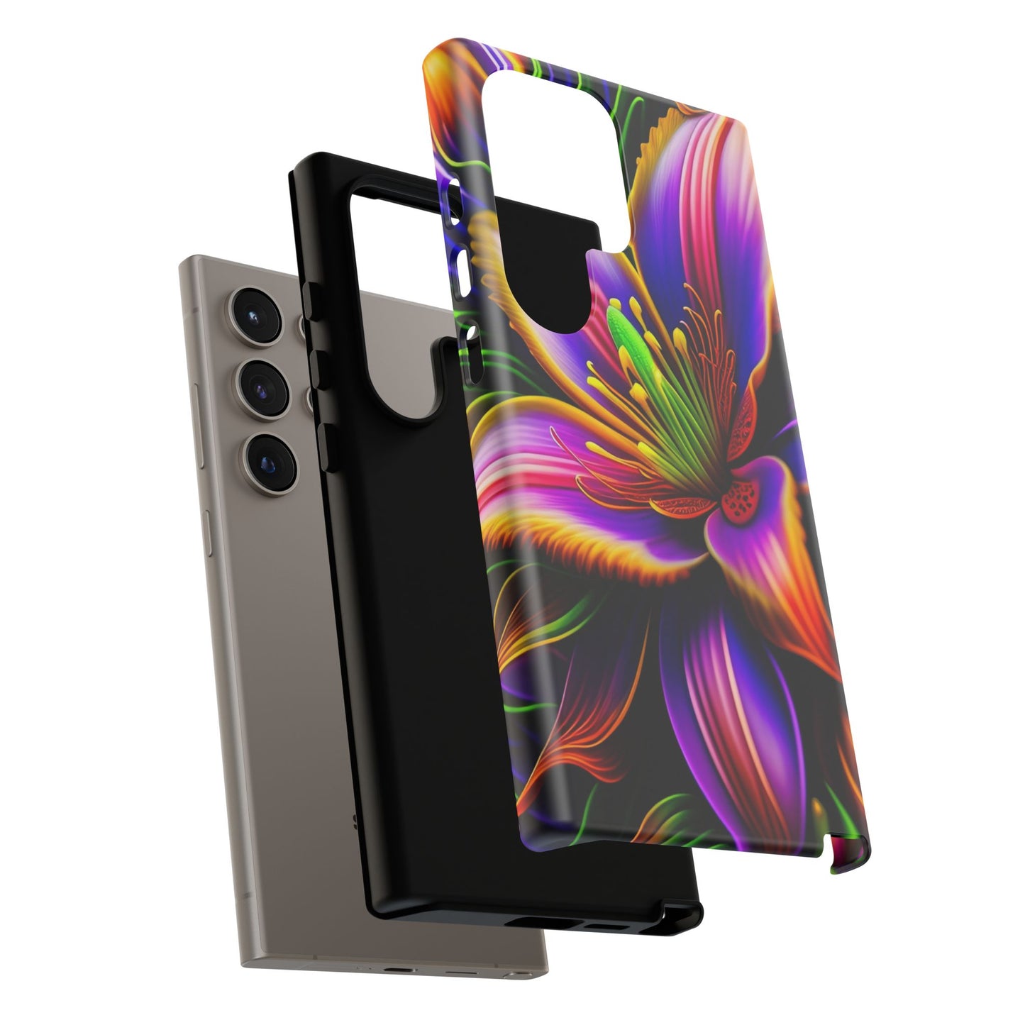 Floral Neon Tough Phone Case — Vivid Purple & Orange Lily Protective Cover