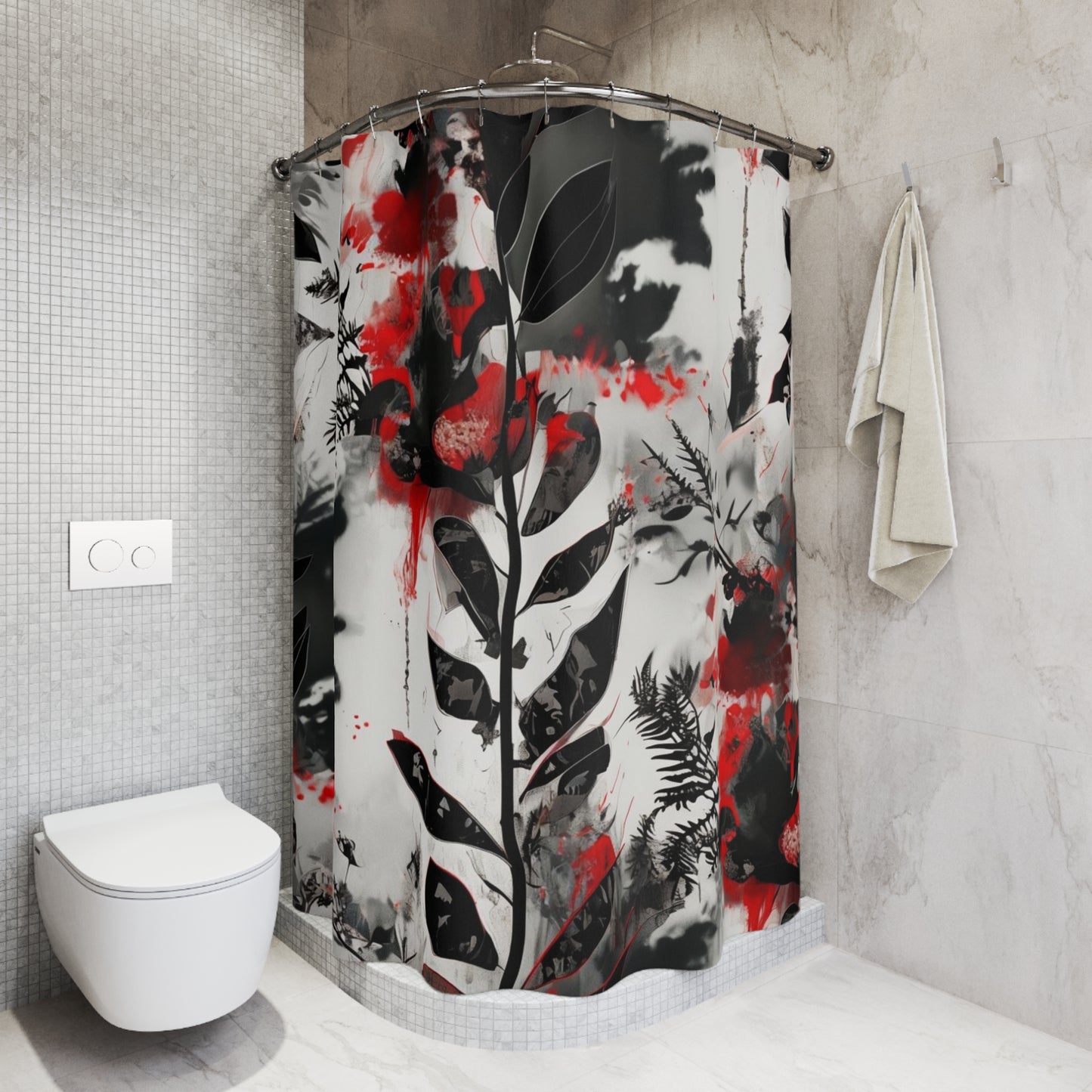 Abstract Red & Black Botanical Shower Curtain — Watercolor Floral Splash