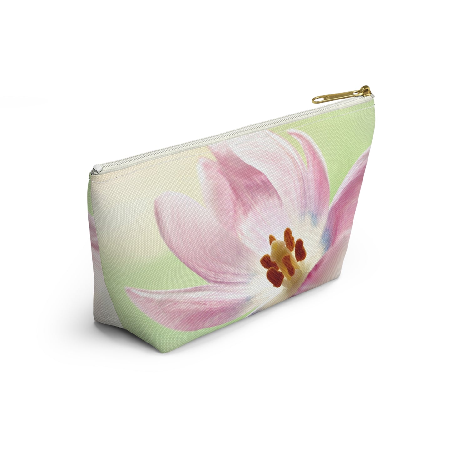 Pink Tulip Floral Accessory Pouch — Cosmetic Makeup Bag with T-Bottom