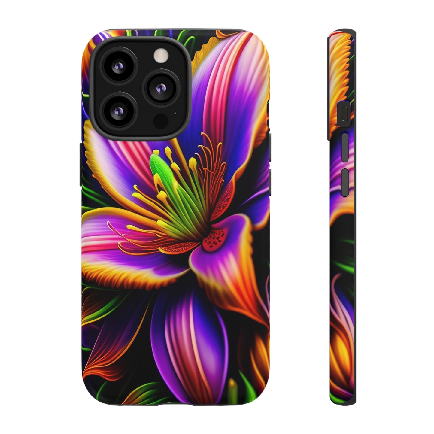 Floral Neon Tough Phone Case — Vivid Purple & Orange Lily Protective Cover