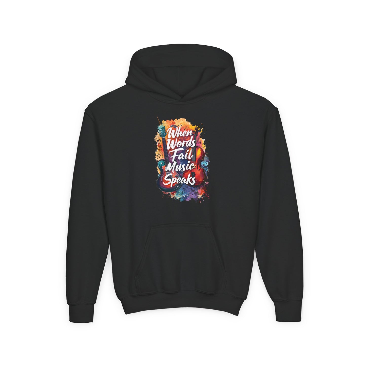 Youth Hoodie — "When Words Fail Music Speaks" Colorful Watercolor Design