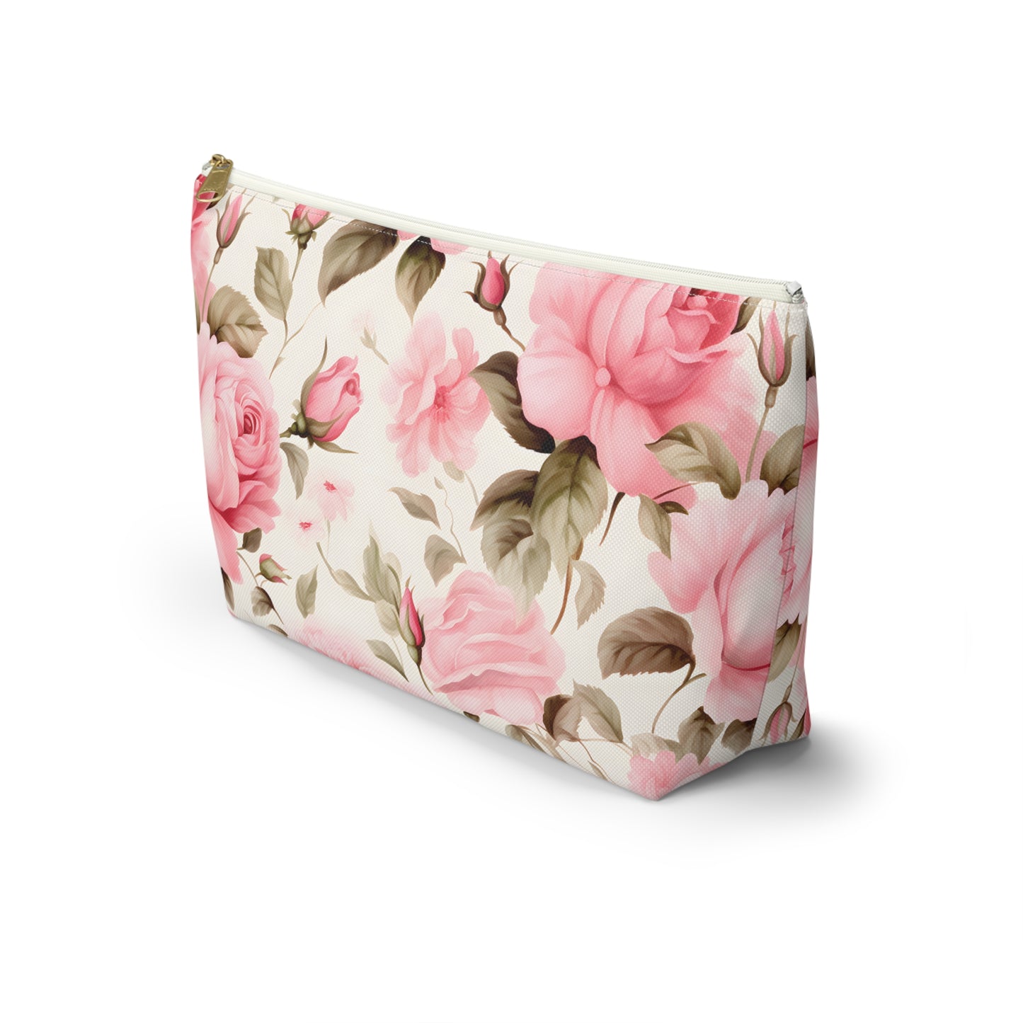 Floral Rose Accessory Pouch - Pink Vintage Cosmetic Bag with T-Bottom