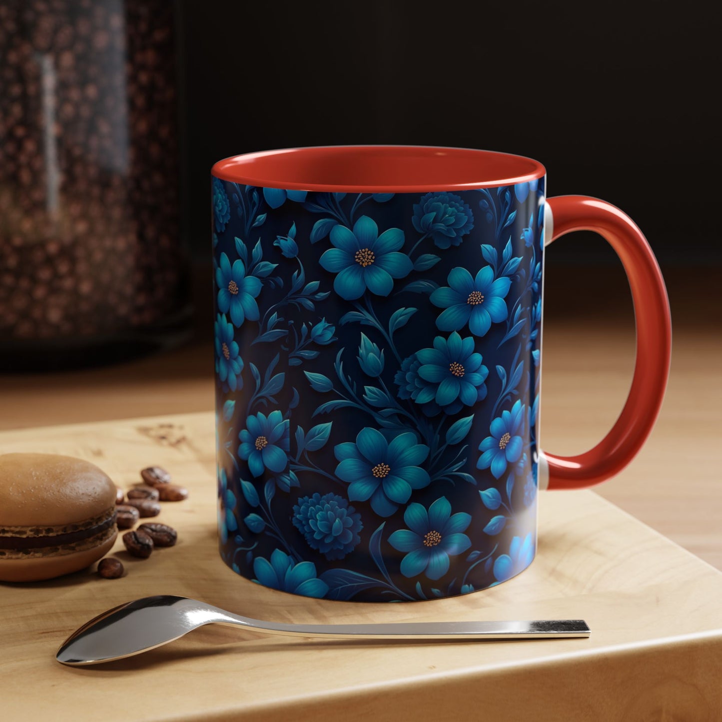 Floral Accent Coffee Mug, Blue Flower Mug, Ceramic Coffee Cup, Gift for Her, Nature-Themed Drinkware, Floral Home Decor, Unique Mug