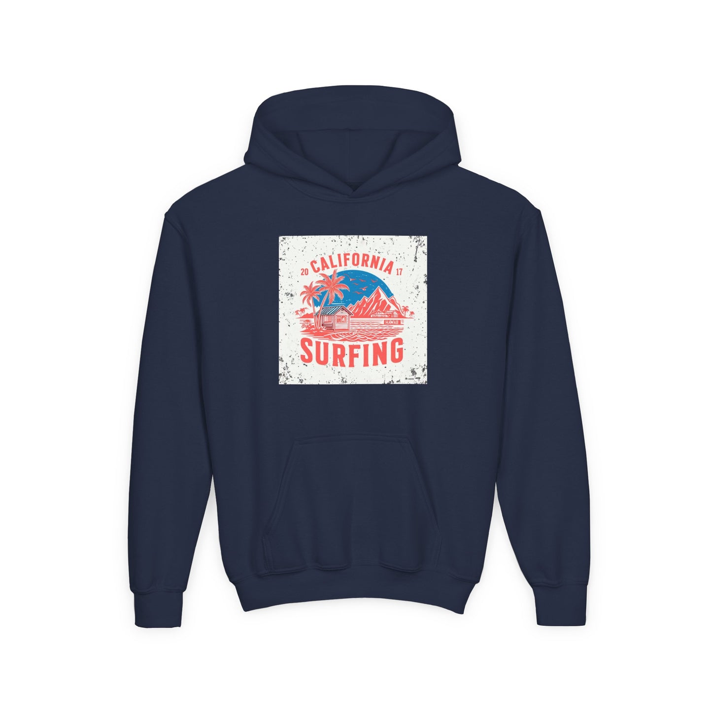California Surfing Youth Hoodie — Retro Beach Palm Tree Surf Graphic
