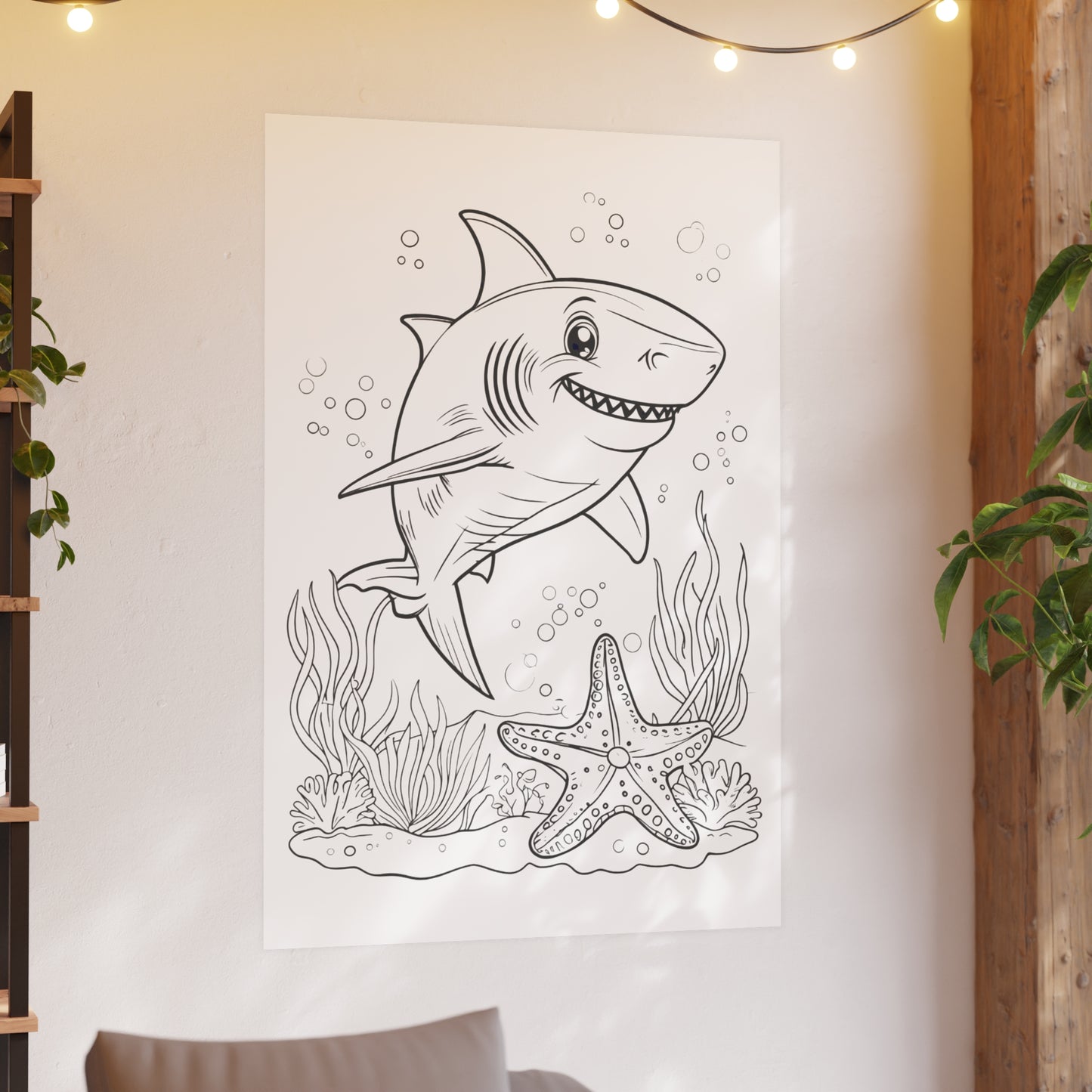 Cute Shark Coloring Poster — Satin & Archival Matte Ocean Print for Kids’ Rooms