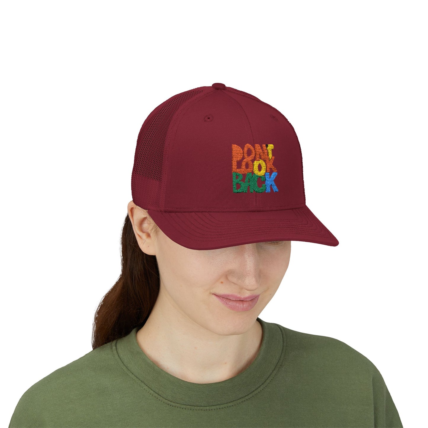 Don’t Look Back Snapback Trucker Cap — Retro Rainbow Embroidered Hat