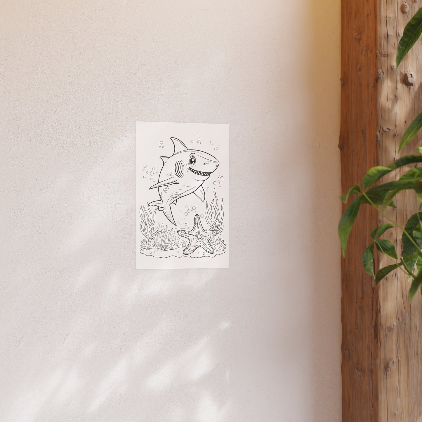 Cute Shark Coloring Poster — Satin & Archival Matte Ocean Print for Kids’ Rooms