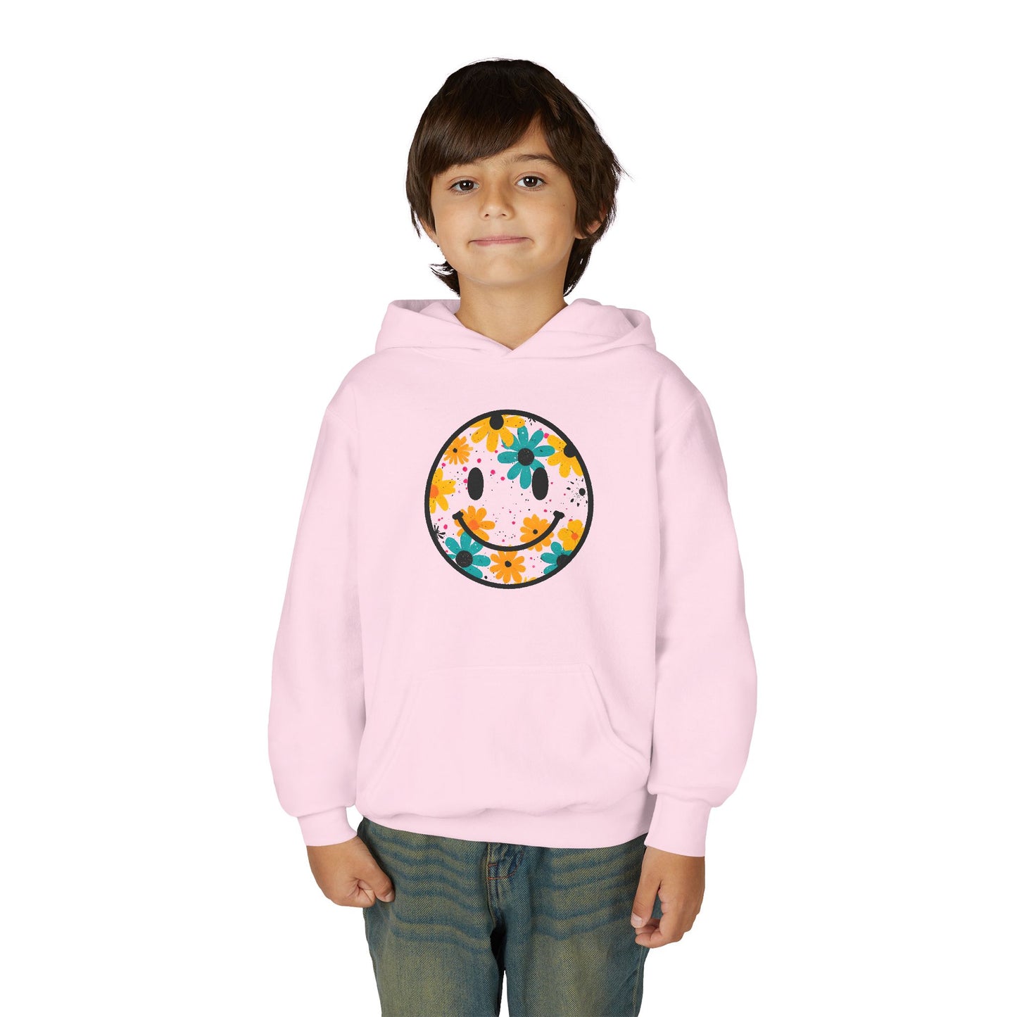 Youth Floral Hoodie – Orange & Teal Flower Circle Design