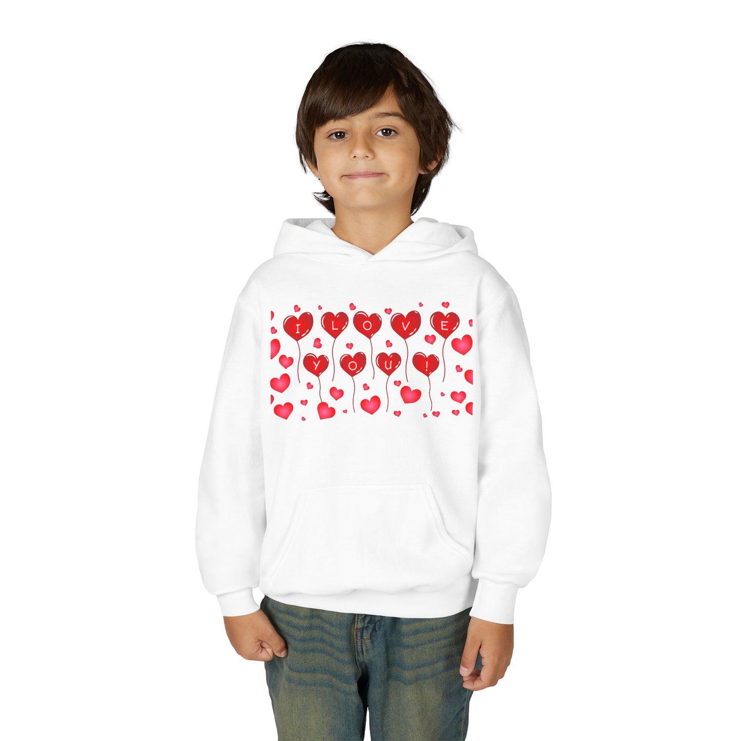 Youth Hoodie — Cute Red Heart Pattern Kids Sweatshirt (Valentine’s Day)