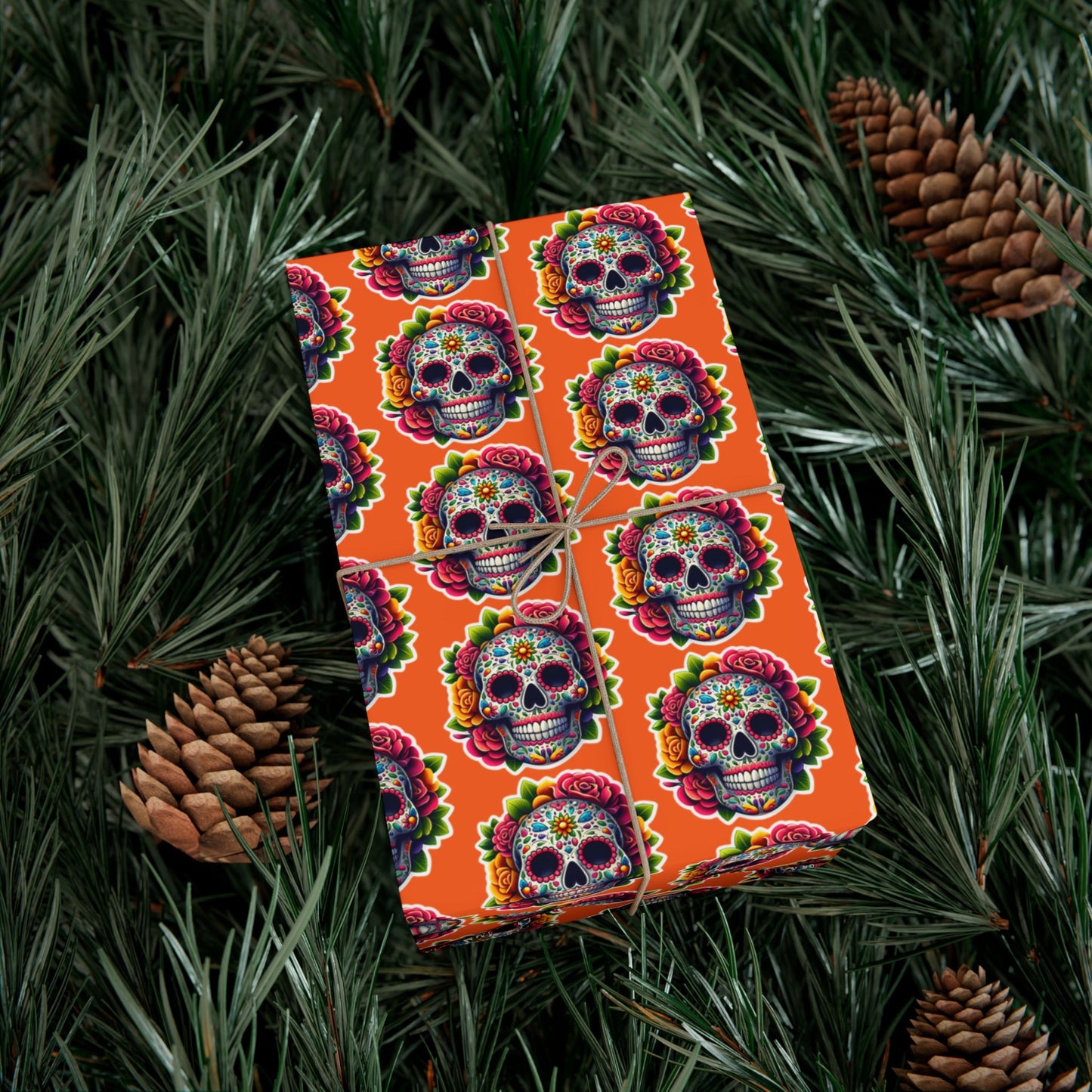 Day of the Dead Sugar Skull Gift Wrap Paper — Vibrant Orange Mexican Holiday Wrapping