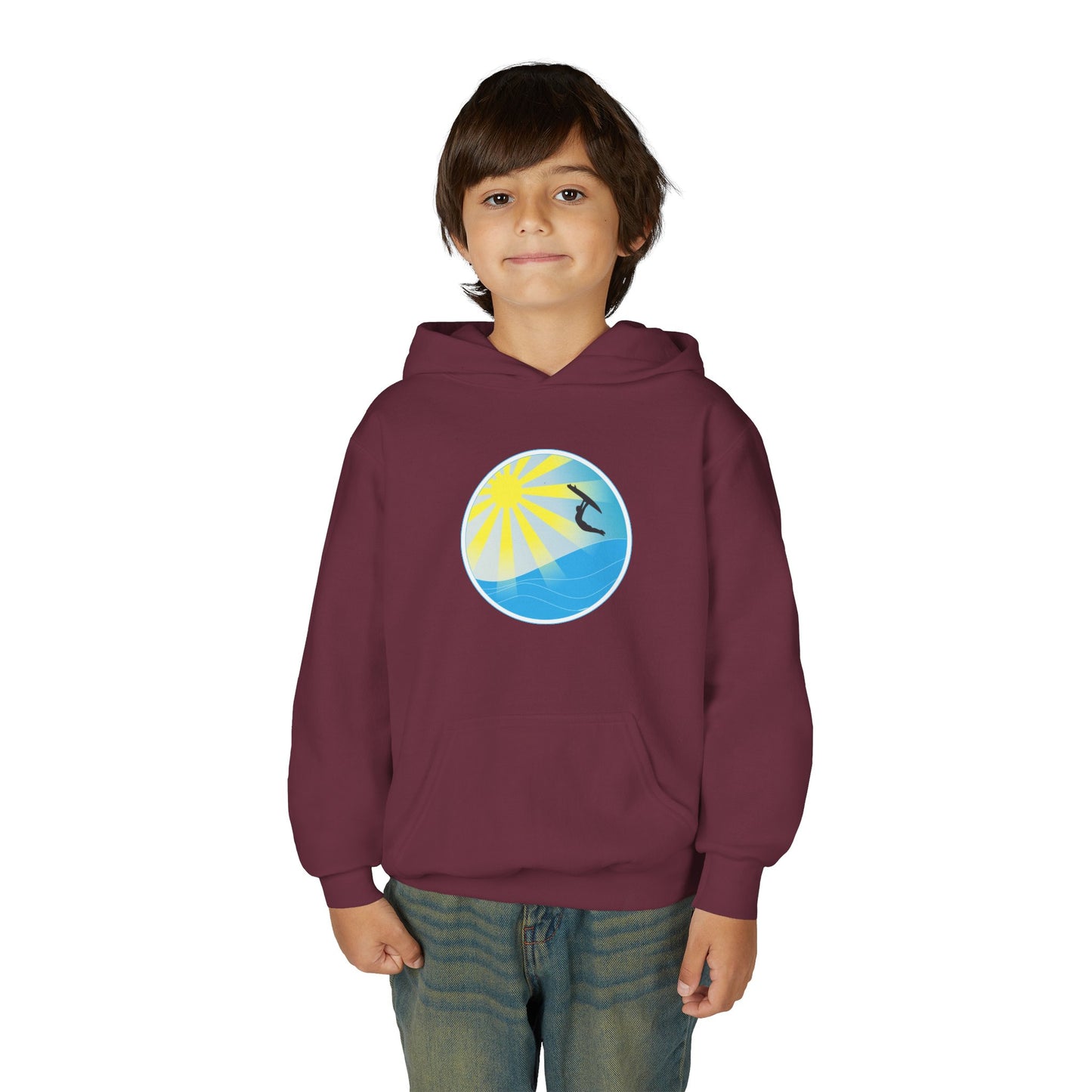 Sunrise Surf Circle Youth Hoodie | Surfing Wave Graphic