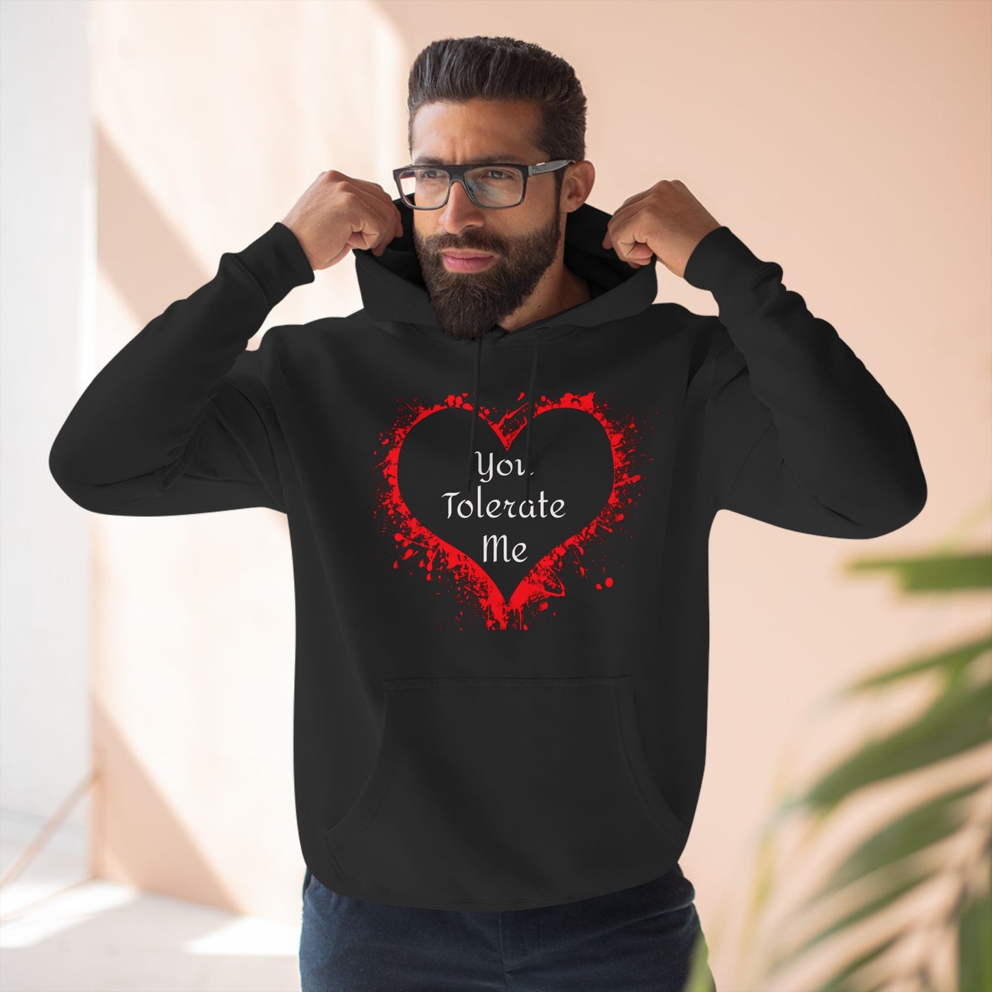 Heart Splash Hoodie — "Love Tolerate Me" Graphic Pullover