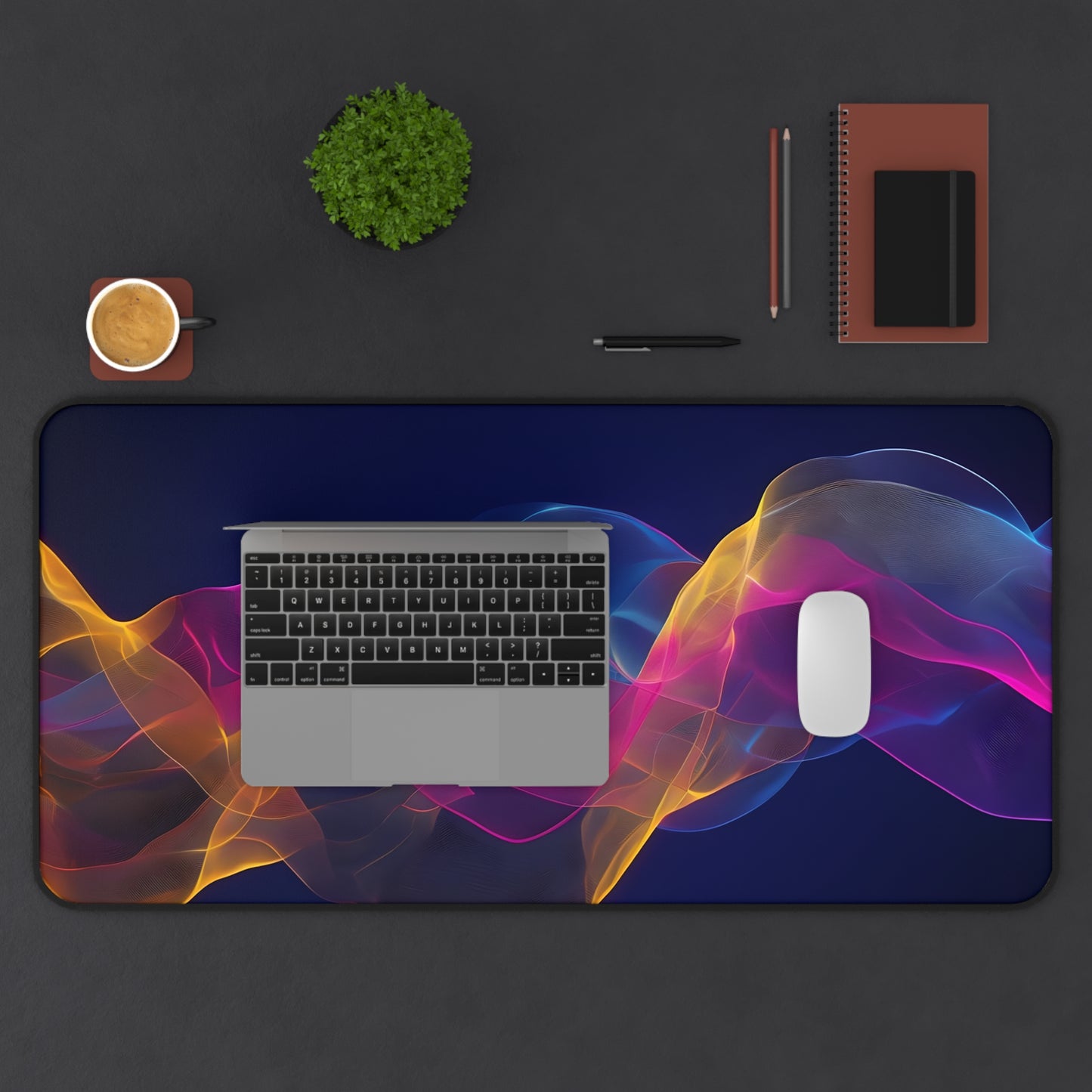 Abstract Neon Wave Desk Mat — Colorful Smoke Mouse Pad for Office & Gaming