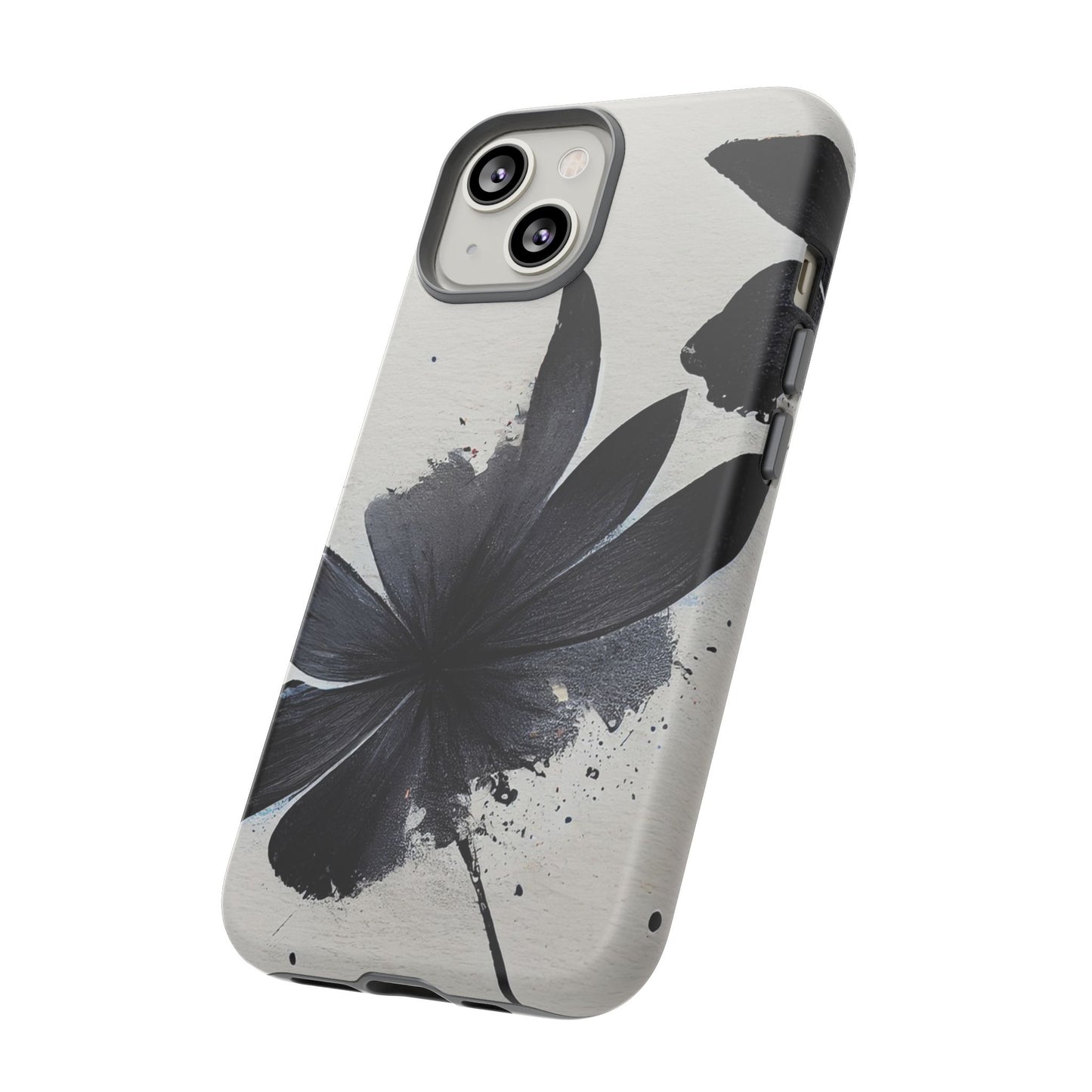 Monochrome Floral Tough Phone Case — Black Ink Flower Protective Cover