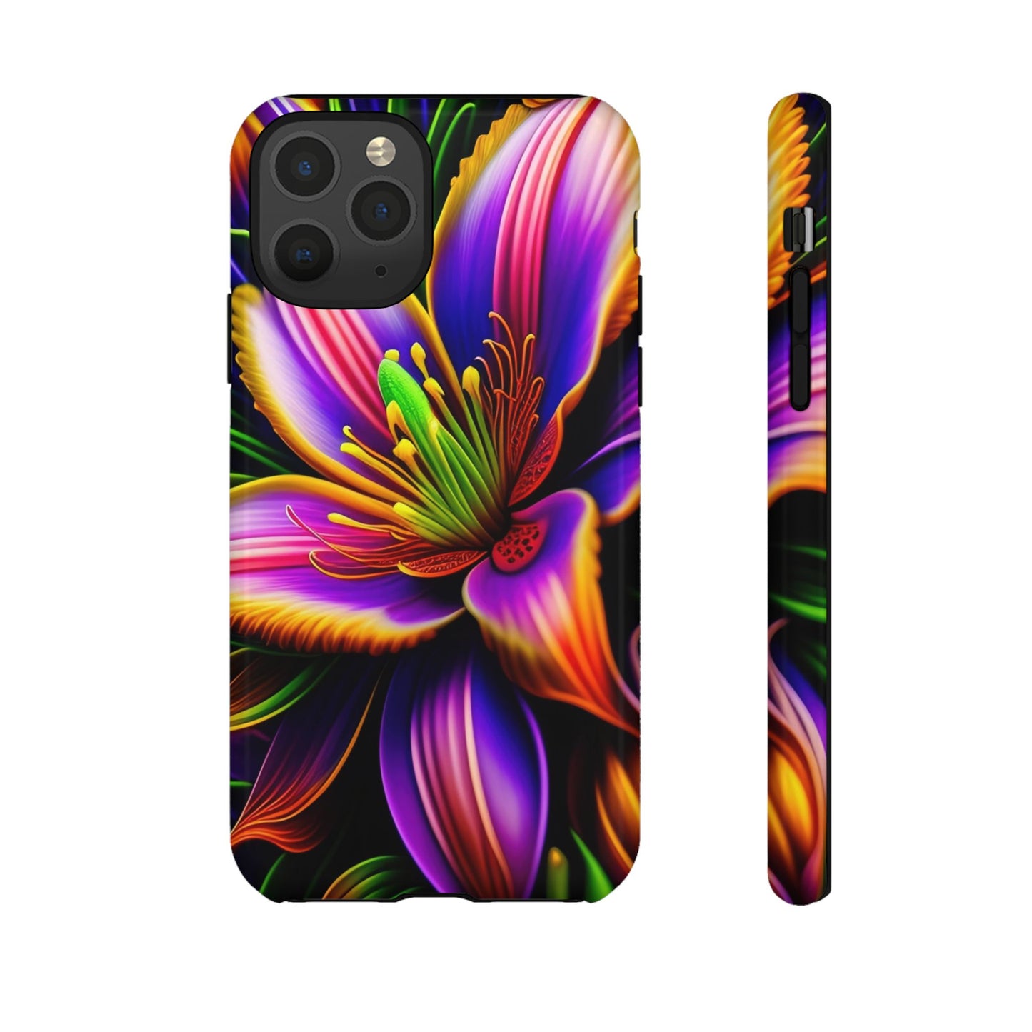 Floral Neon Tough Phone Case — Vivid Purple & Orange Lily Protective Cover