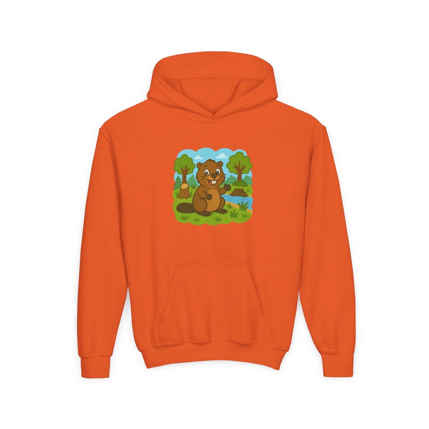 Cartoon Beaver Forest Scene Youth Hoodie | Woodland Animal Kids Sweatshirt