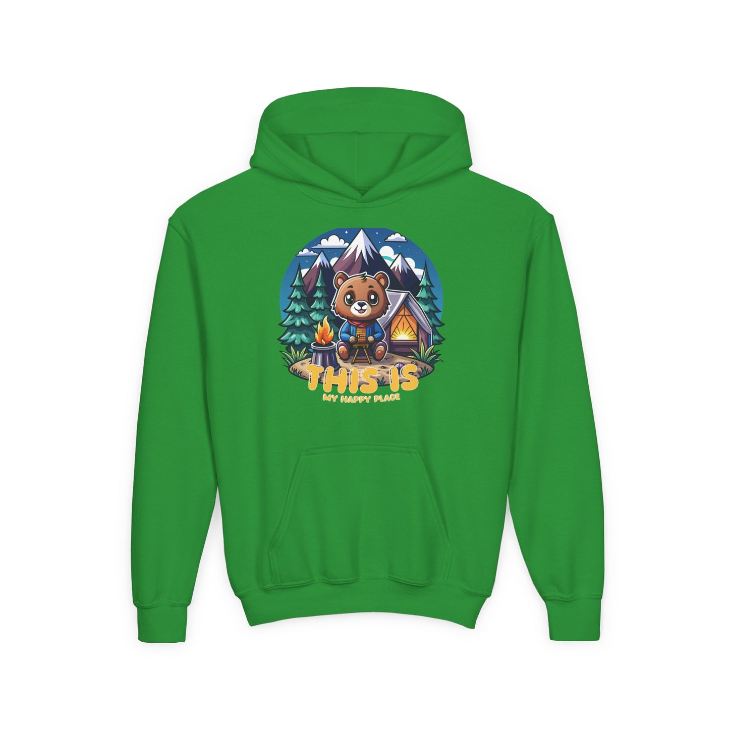 Youth Bear Camping Hoodie — "This is My Happy Place" Cozy Kid’s Outdoor Sweatshirt
