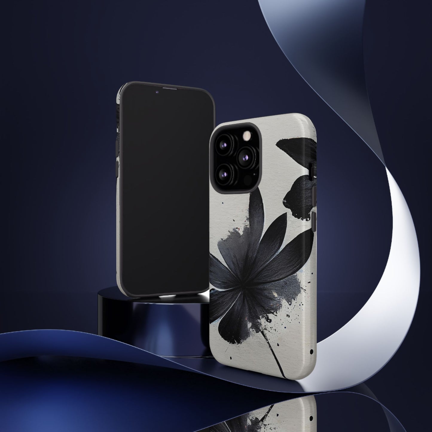 Monochrome Floral Tough Phone Case — Black Ink Flower Protective Cover