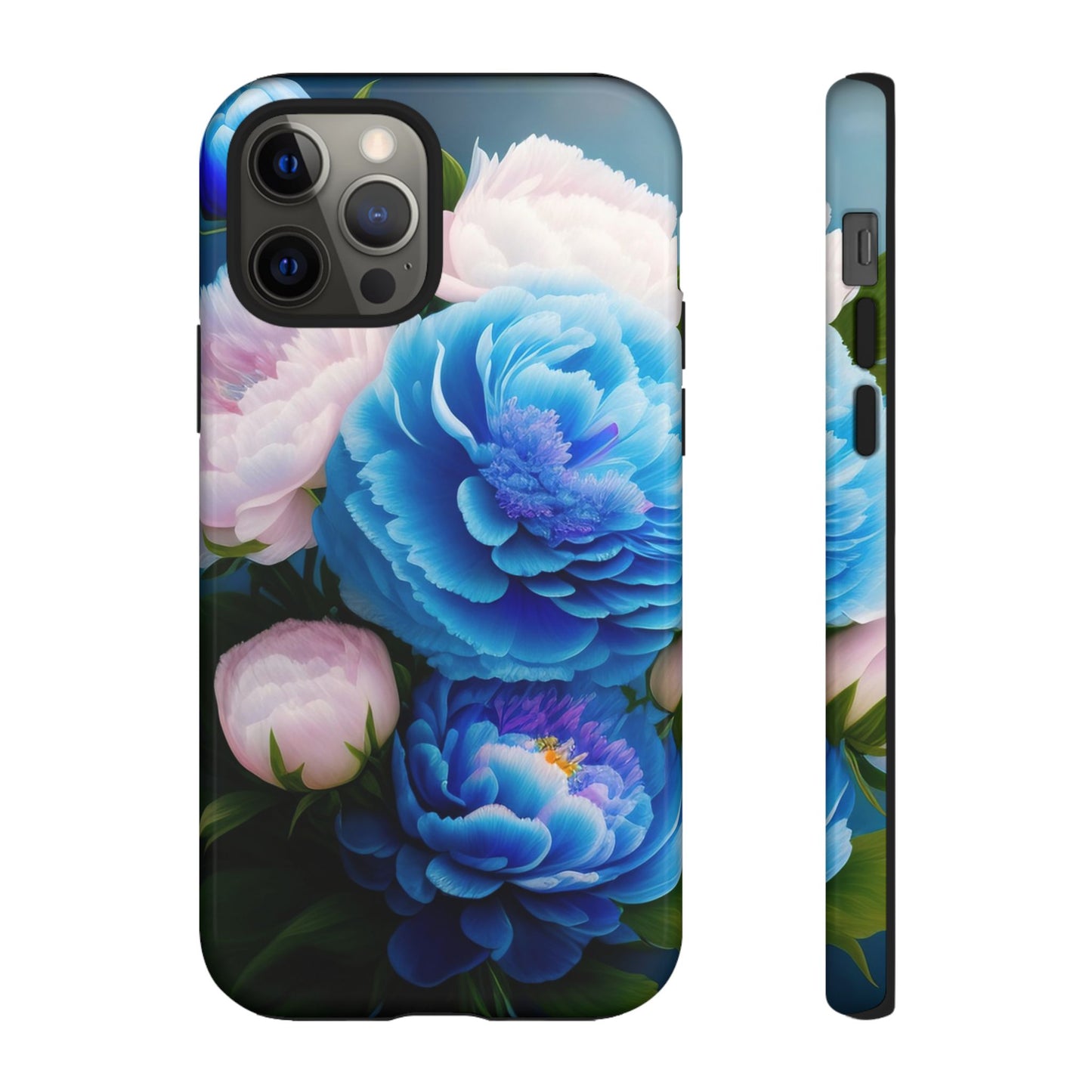 Floral Blue Peony Phone Case — Protective Tough Case with Pink & Blue Blooms