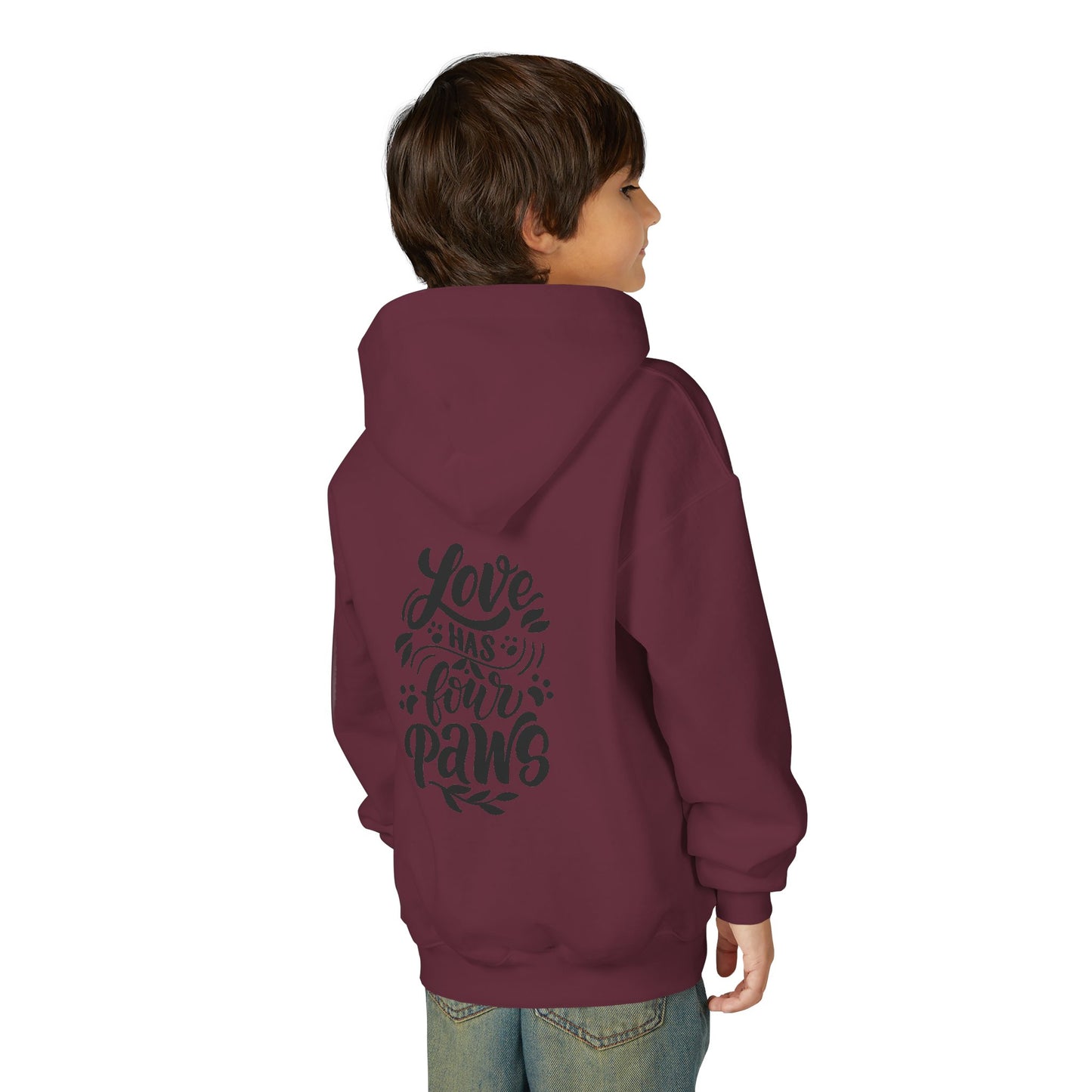 Youth Hoodie — Cute Black Shih Tzu with “Love Has Four Paws” Back Print
