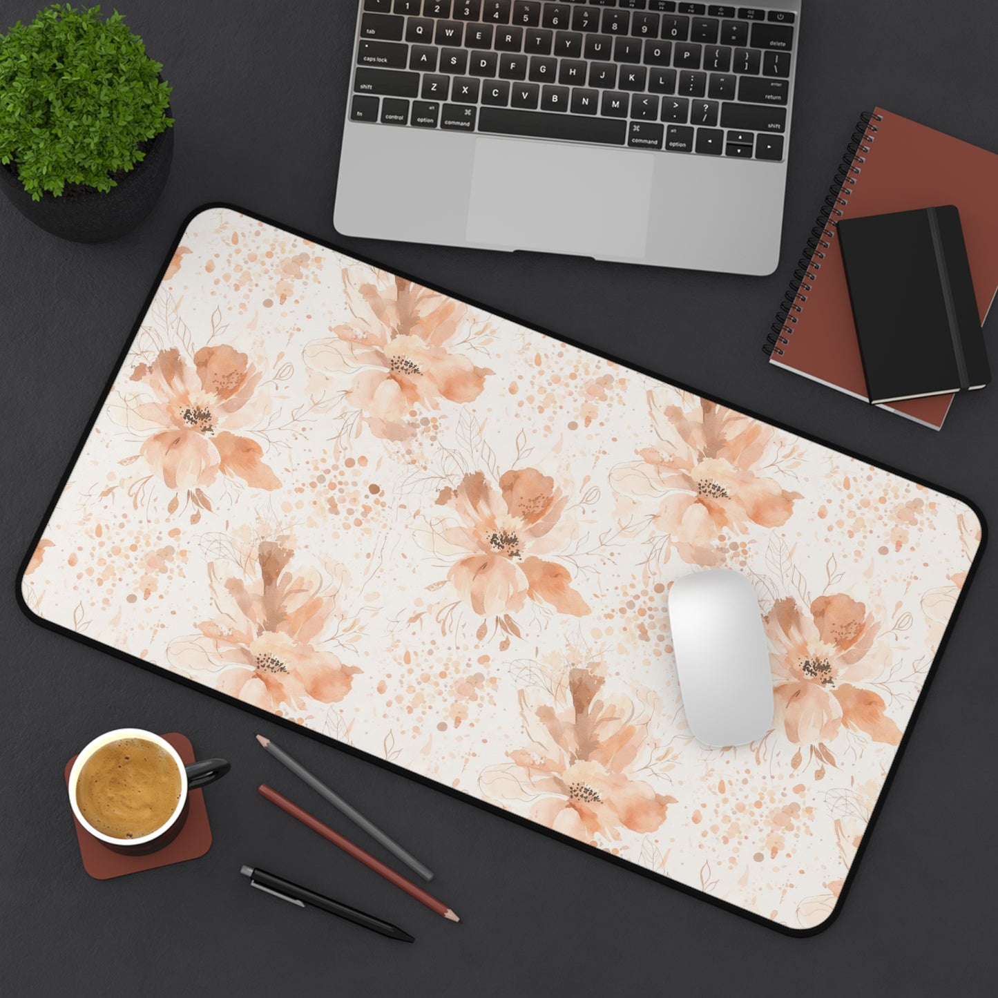 Floral Desk Mat — Soft Peach Watercolor Blossoms Mouse Pad