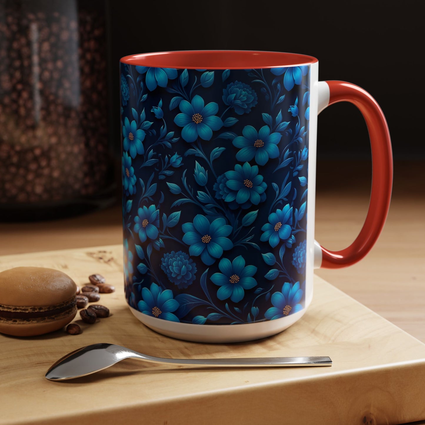 Floral Accent Coffee Mug, Blue Flower Mug, Ceramic Coffee Cup, Gift for Her, Nature-Themed Drinkware, Floral Home Decor, Unique Mug