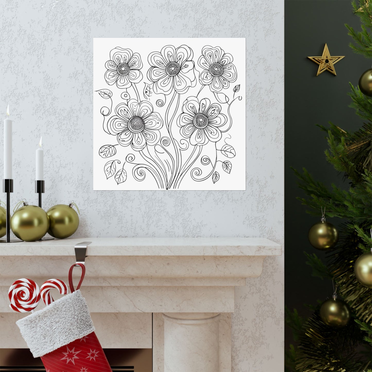 Floral Line Art Poster — Black & White Daisy Bouquet Matte Print - DIY