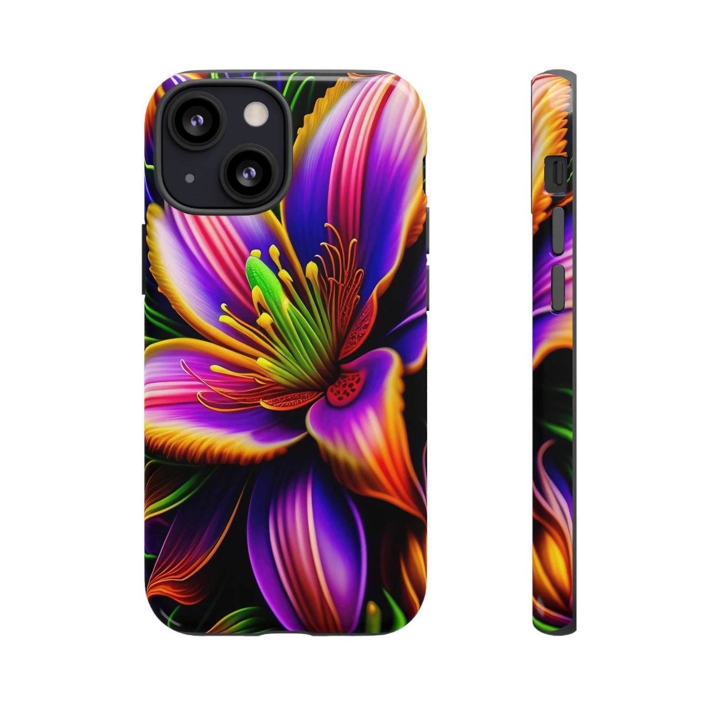 Floral Neon Tough Phone Case — Vivid Purple & Orange Lily Protective Cover