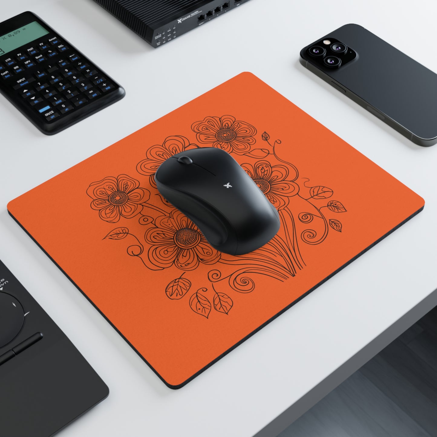 Floral Line Art Mouse Pad — Orange Botanical Desk Mat