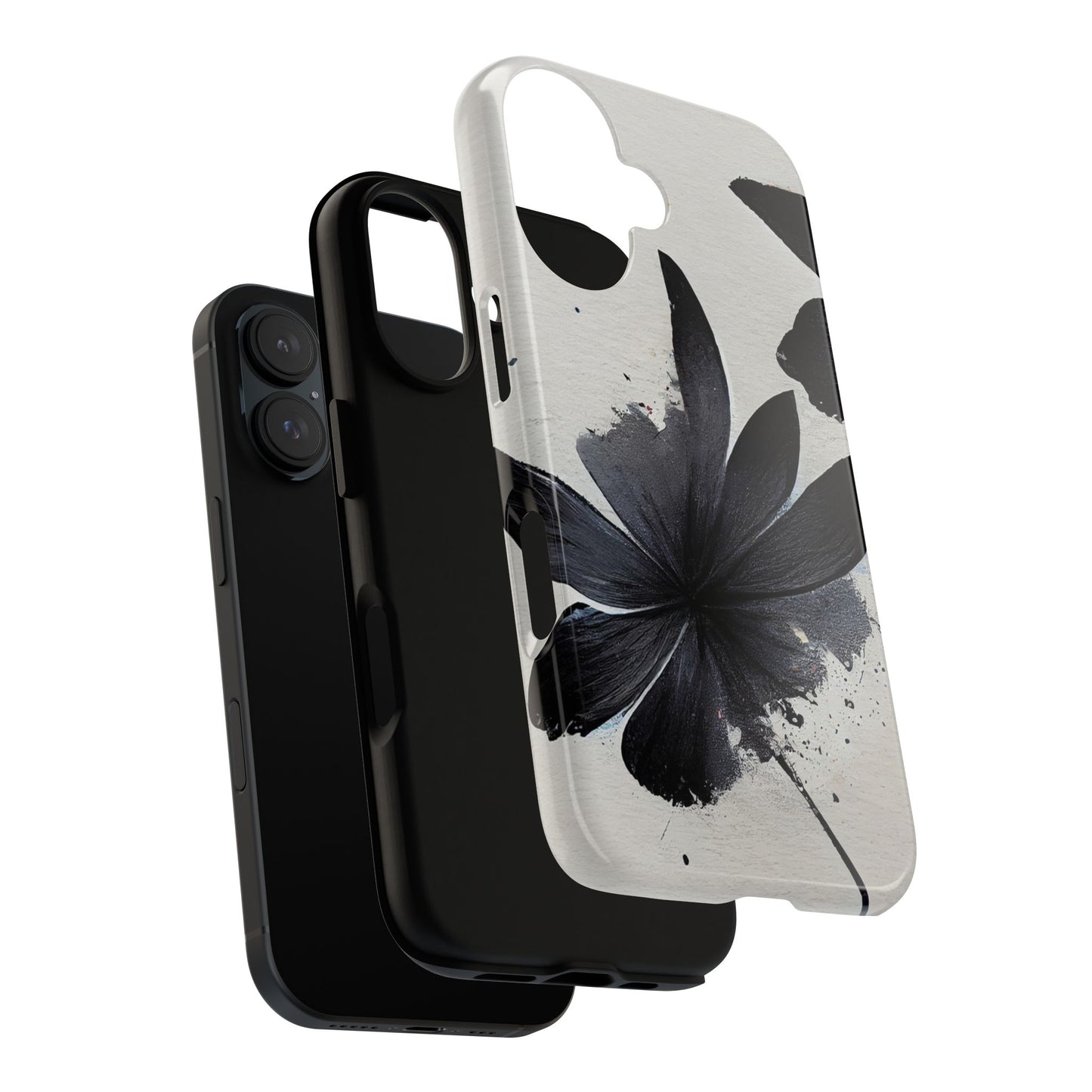 Monochrome Floral Tough Phone Case — Black Ink Flower Protective Cover