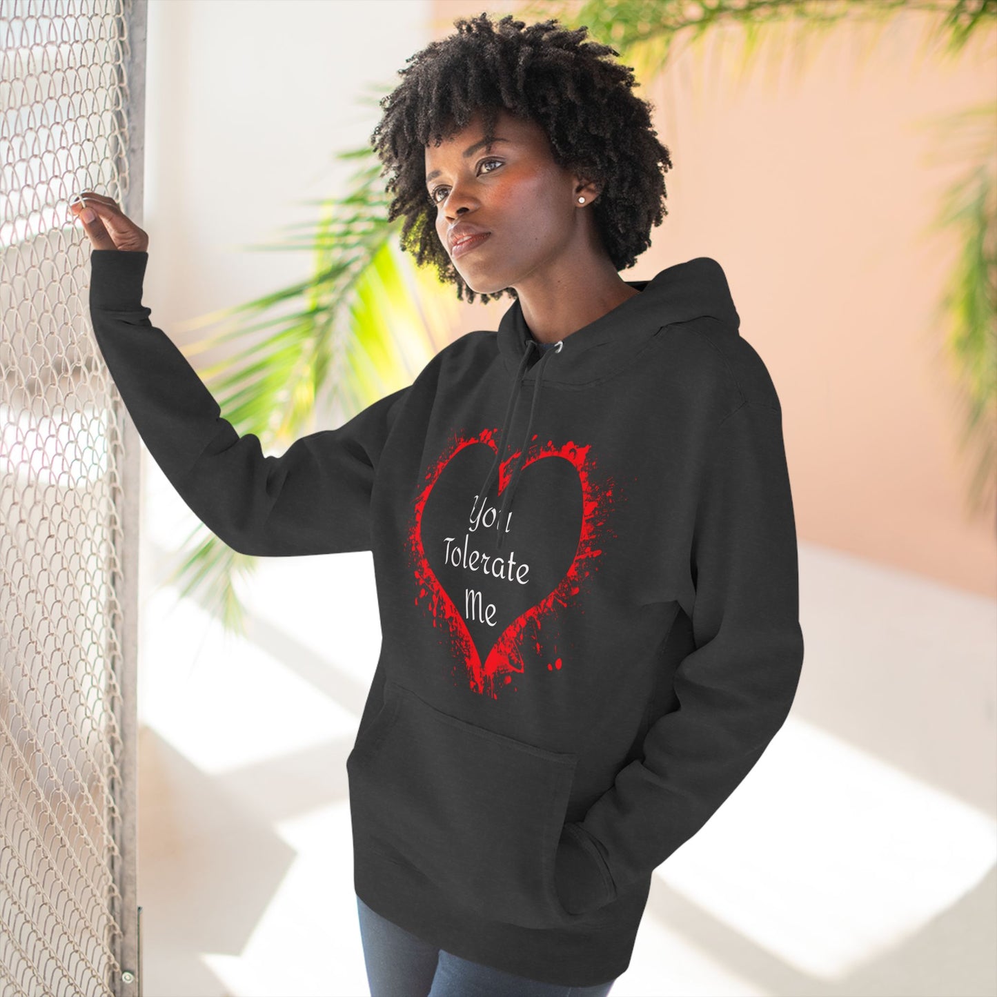 Heart Splash Hoodie — "Love Tolerate Me" Graphic Pullover