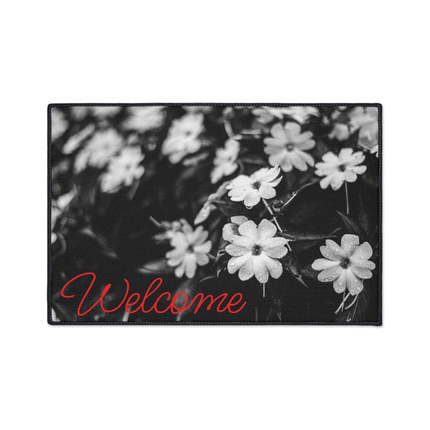 Welcome Floral Heavy-Duty Floor Mat — Black & White Daisy Doormat