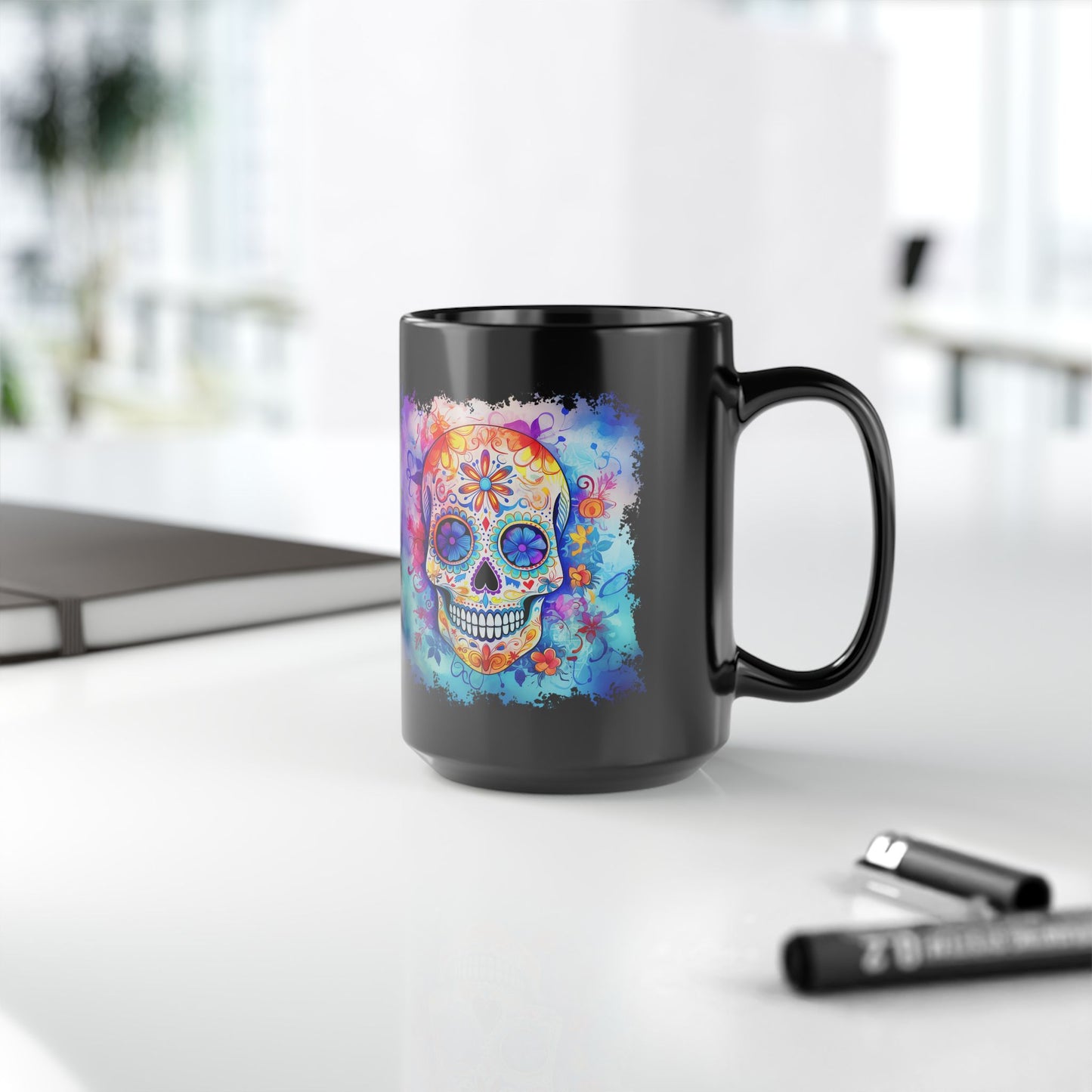 15oz Black Mug — Colorful Watercolor Sugar Skull Coffee Cup