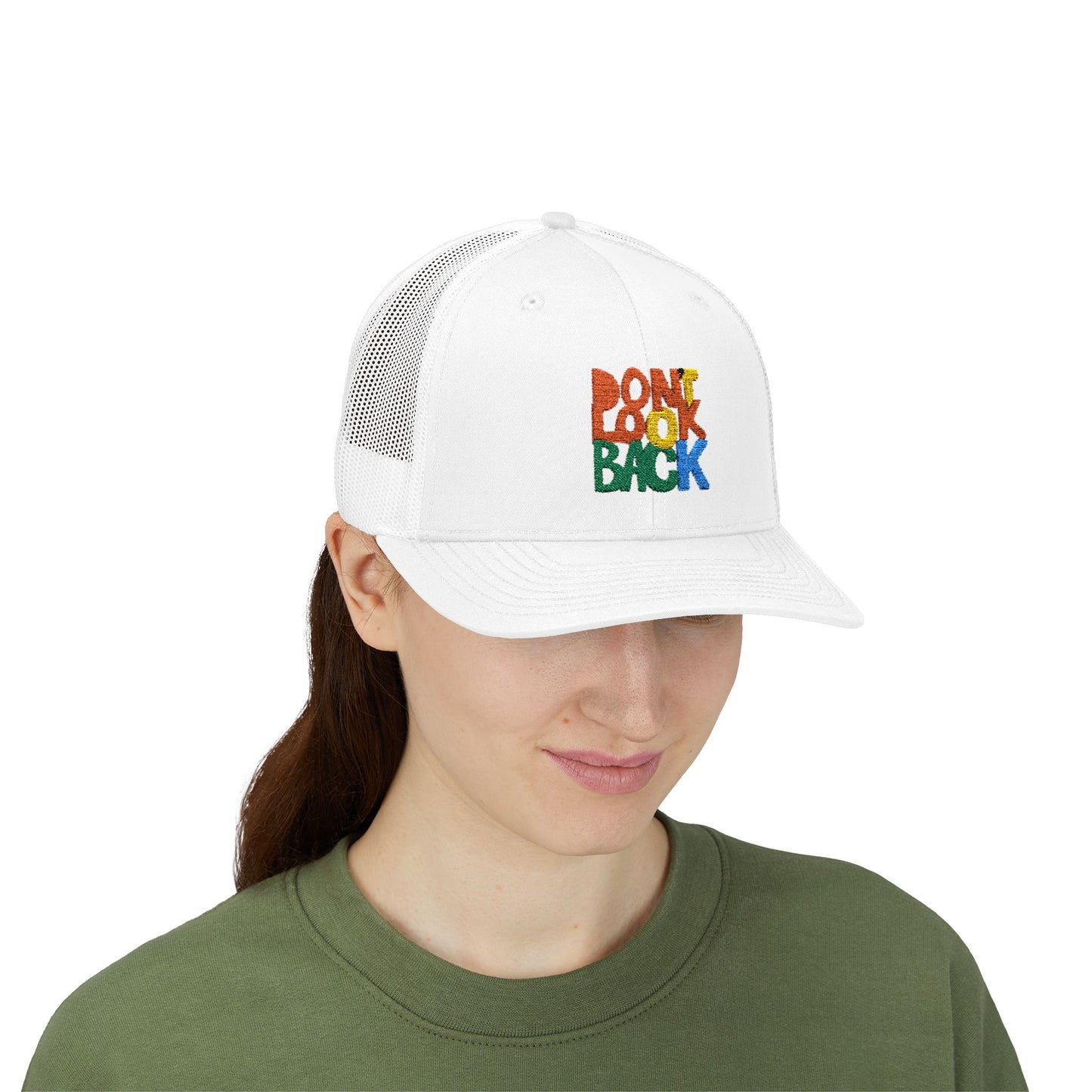 Don’t Look Back Snapback Trucker Cap — Retro Rainbow Embroidered Hat