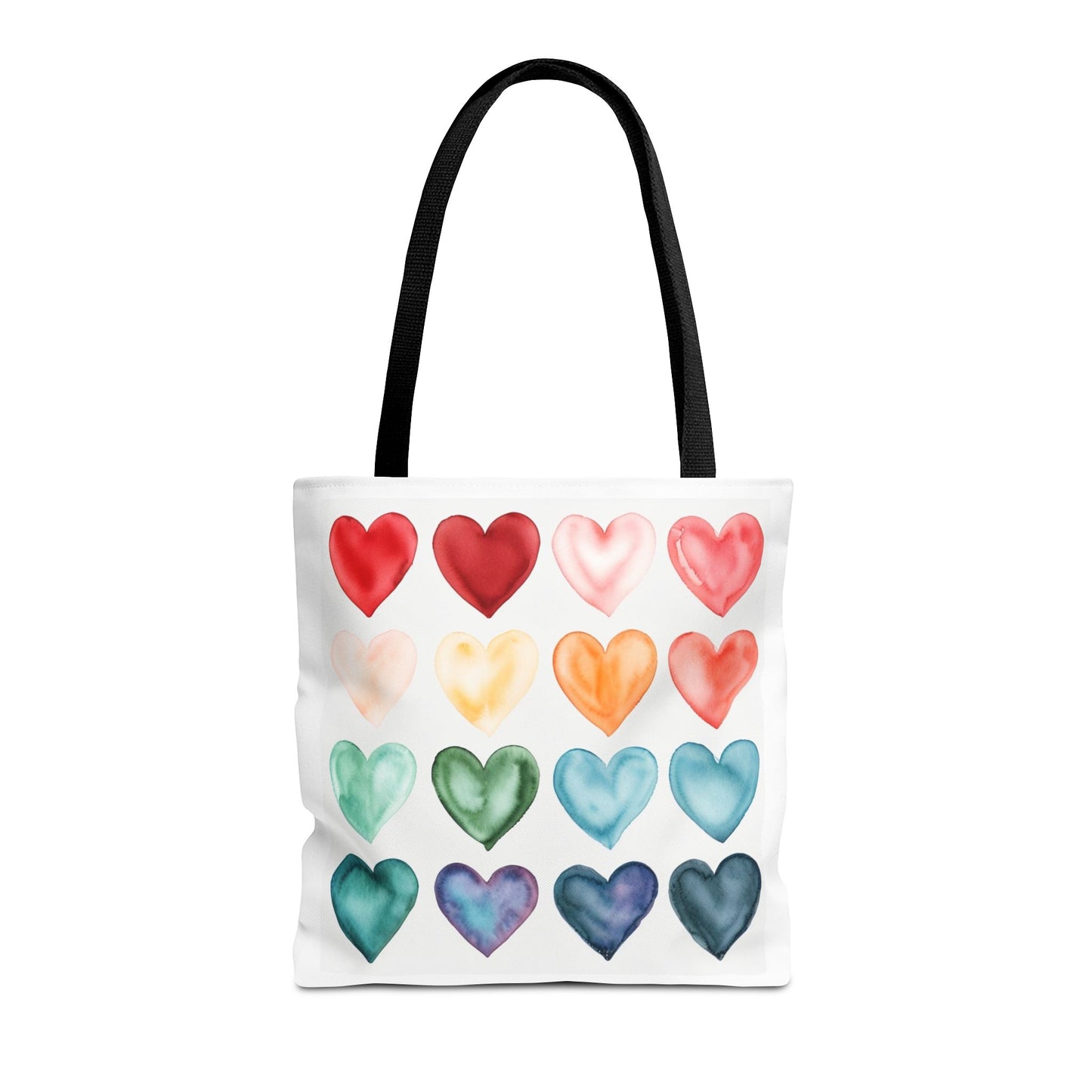 Watercolor Rainbow Hearts Tote Bag — Colorful Heart Pattern Beach & Market Tote