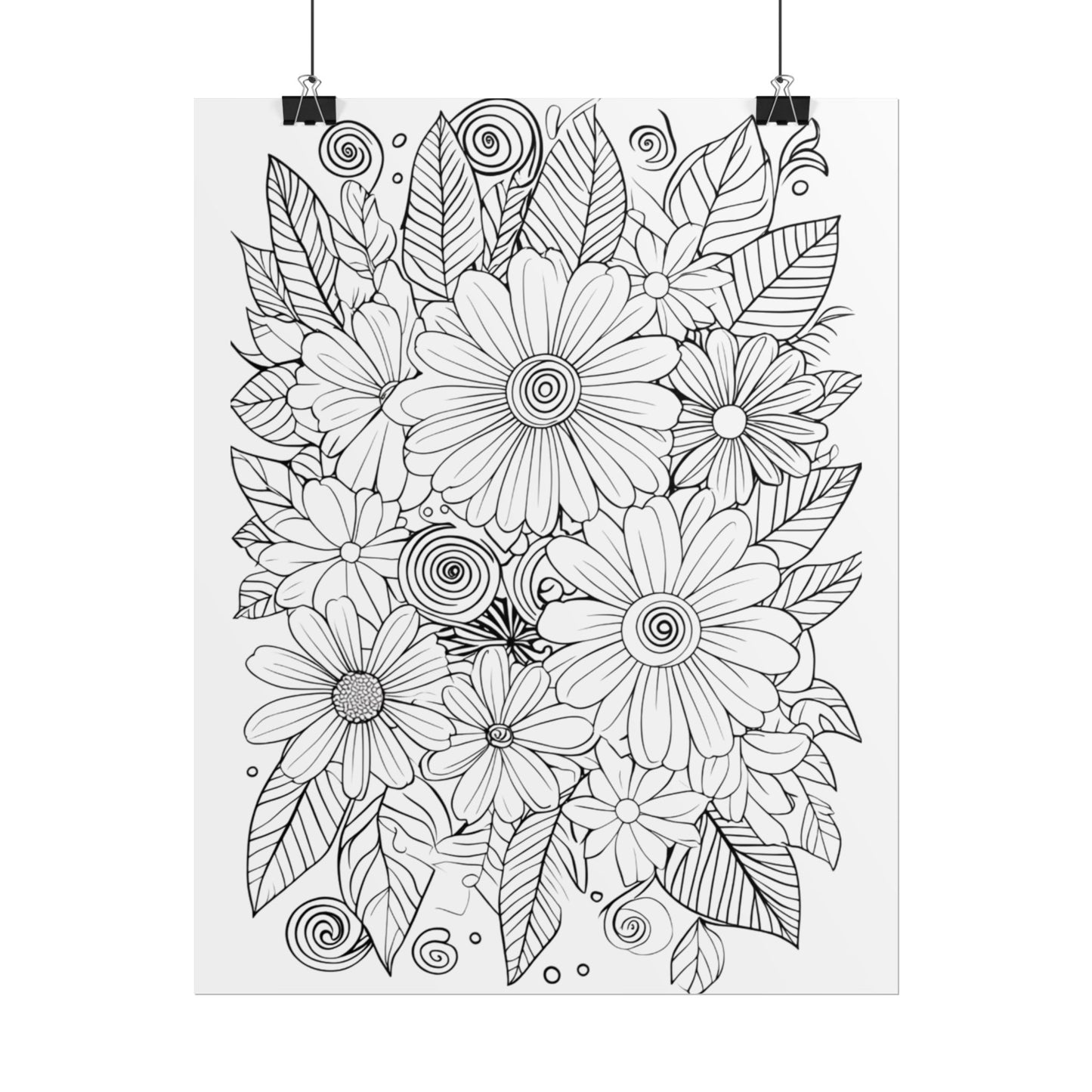 Floral Coloring Poster — Rolled Black & White Doodle Print for Adults, DIY Wall Art