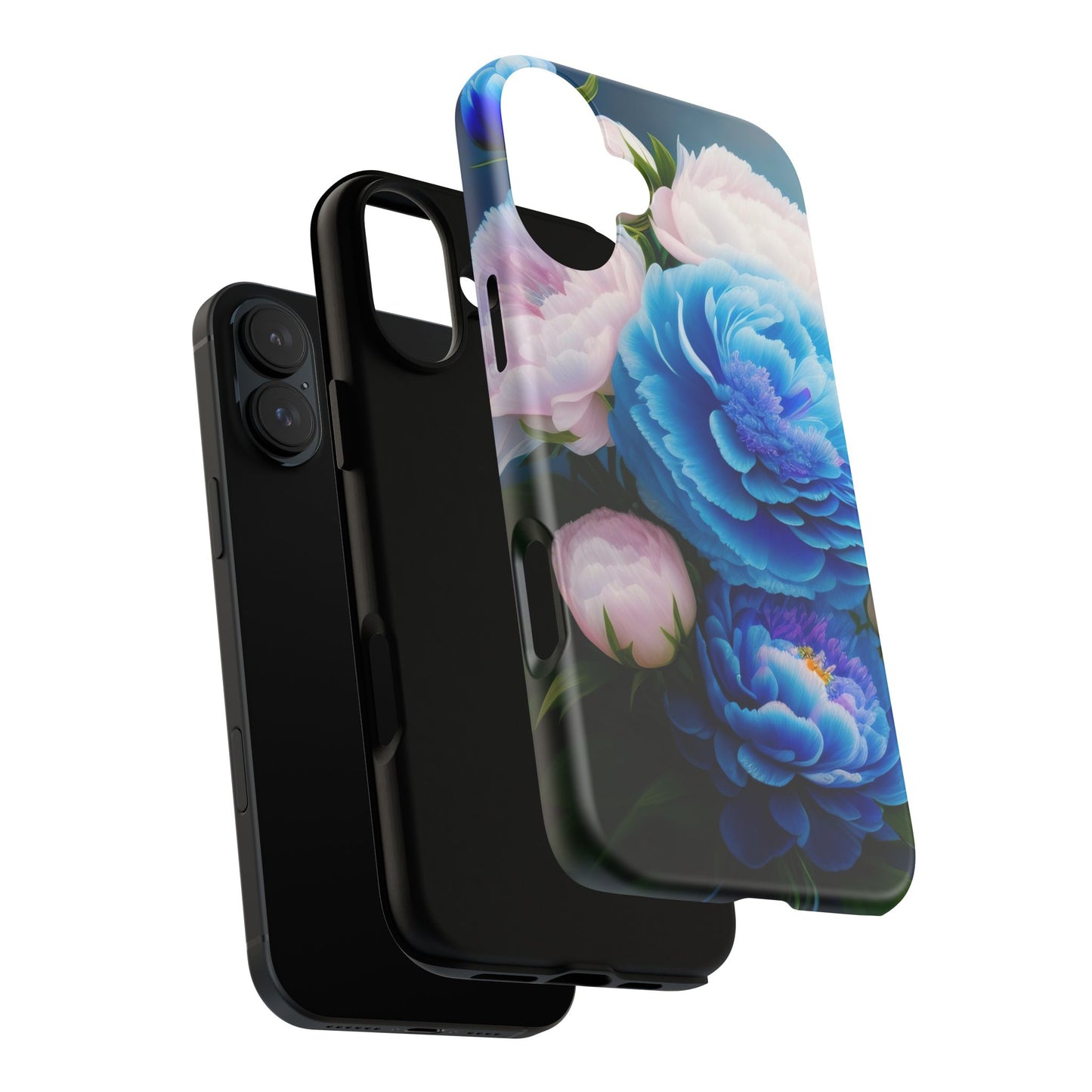 Floral Blue Peony Phone Case — Protective Tough Case with Pink & Blue Blooms