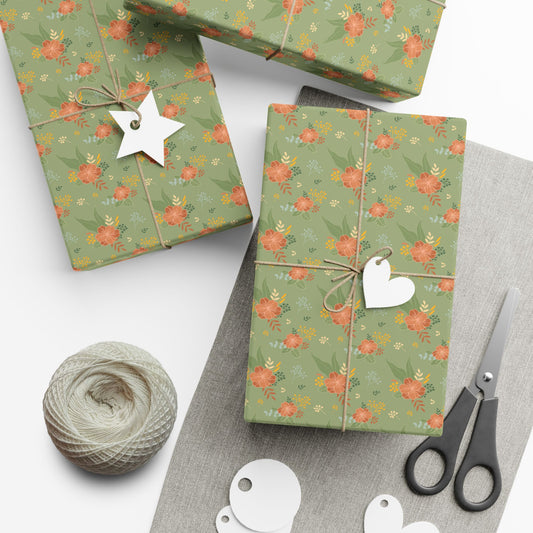 Gift Wrap Paper — Vintage Green Floral Pattern, Rose Bouquet Wrapping Sheets