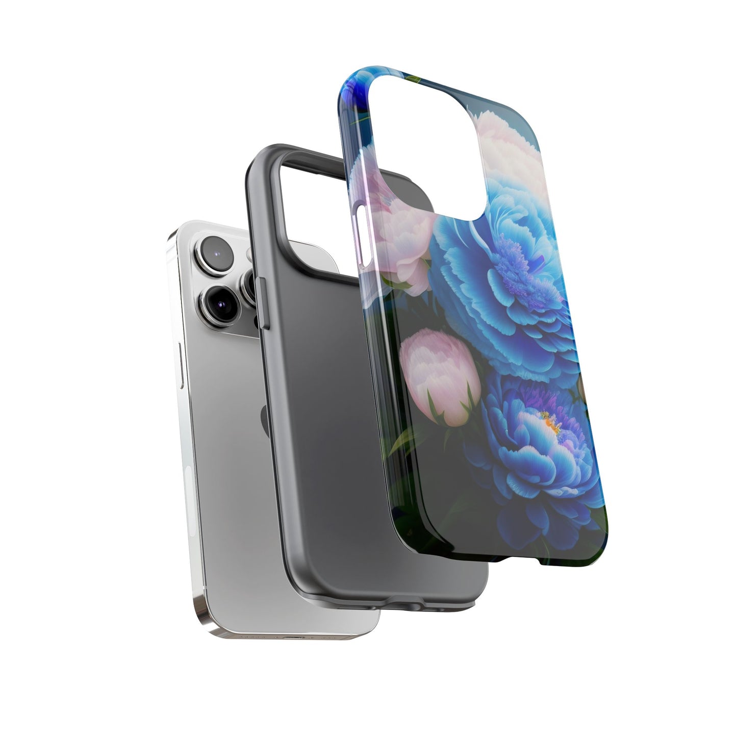 Floral Blue Peony Phone Case — Protective Tough Case with Pink & Blue Blooms