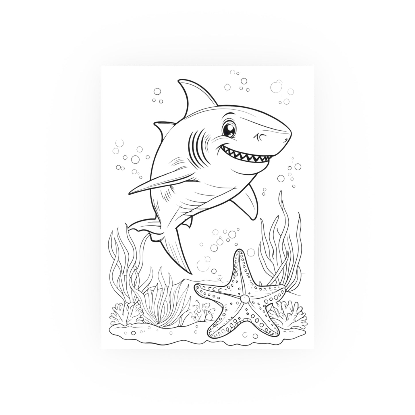 Cute Shark Coloring Poster — Satin & Archival Matte Ocean Print for Kids’ Rooms