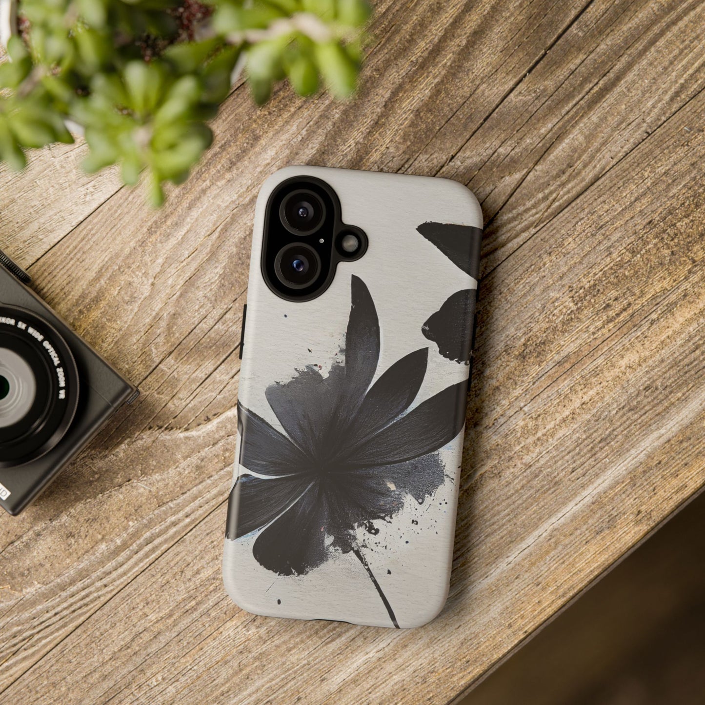 Monochrome Floral Tough Phone Case — Black Ink Flower Protective Cover