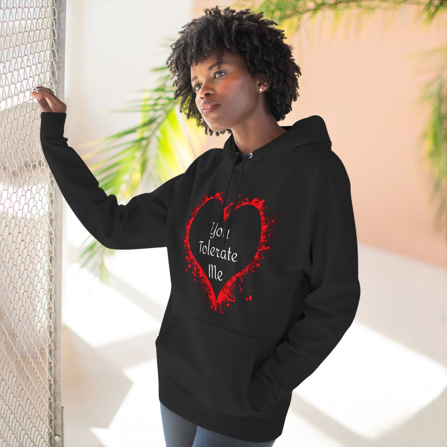 Heart Splash Hoodie — "Love Tolerate Me" Graphic Pullover