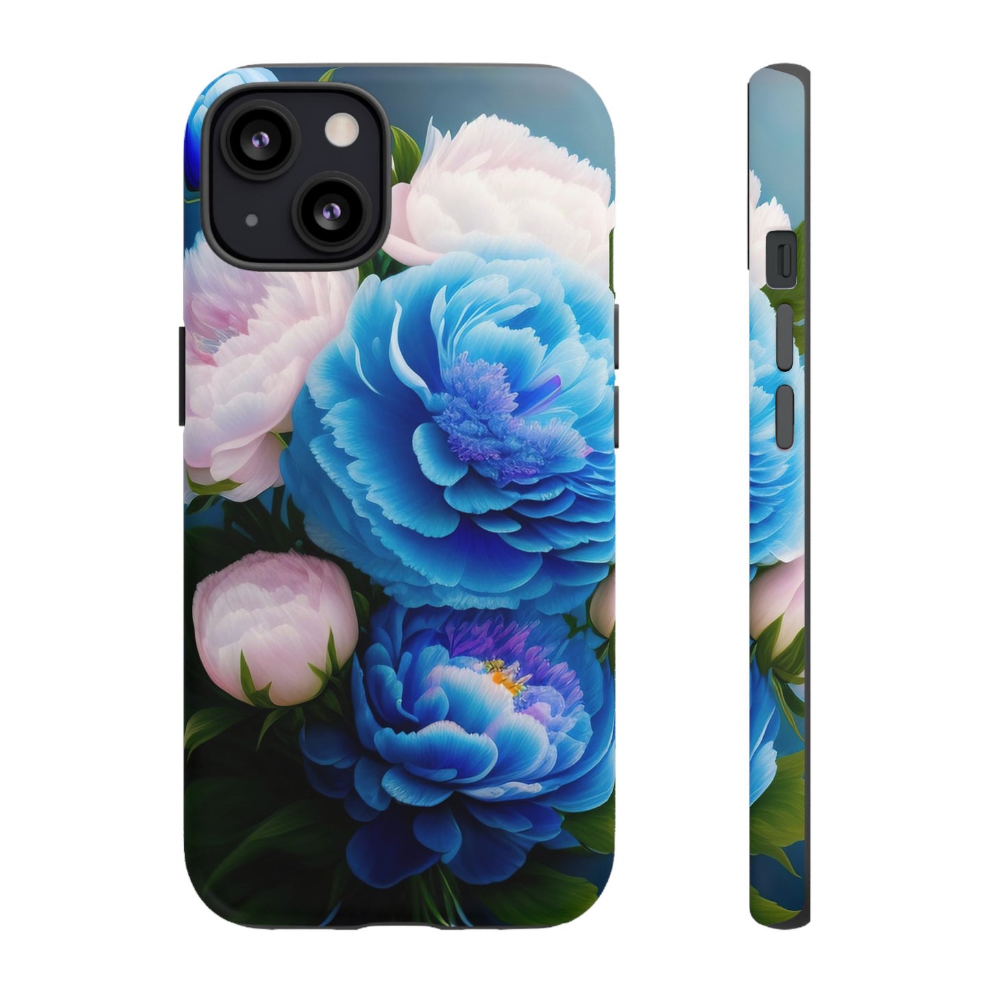 Floral Blue Peony Phone Case — Protective Tough Case with Pink & Blue Blooms