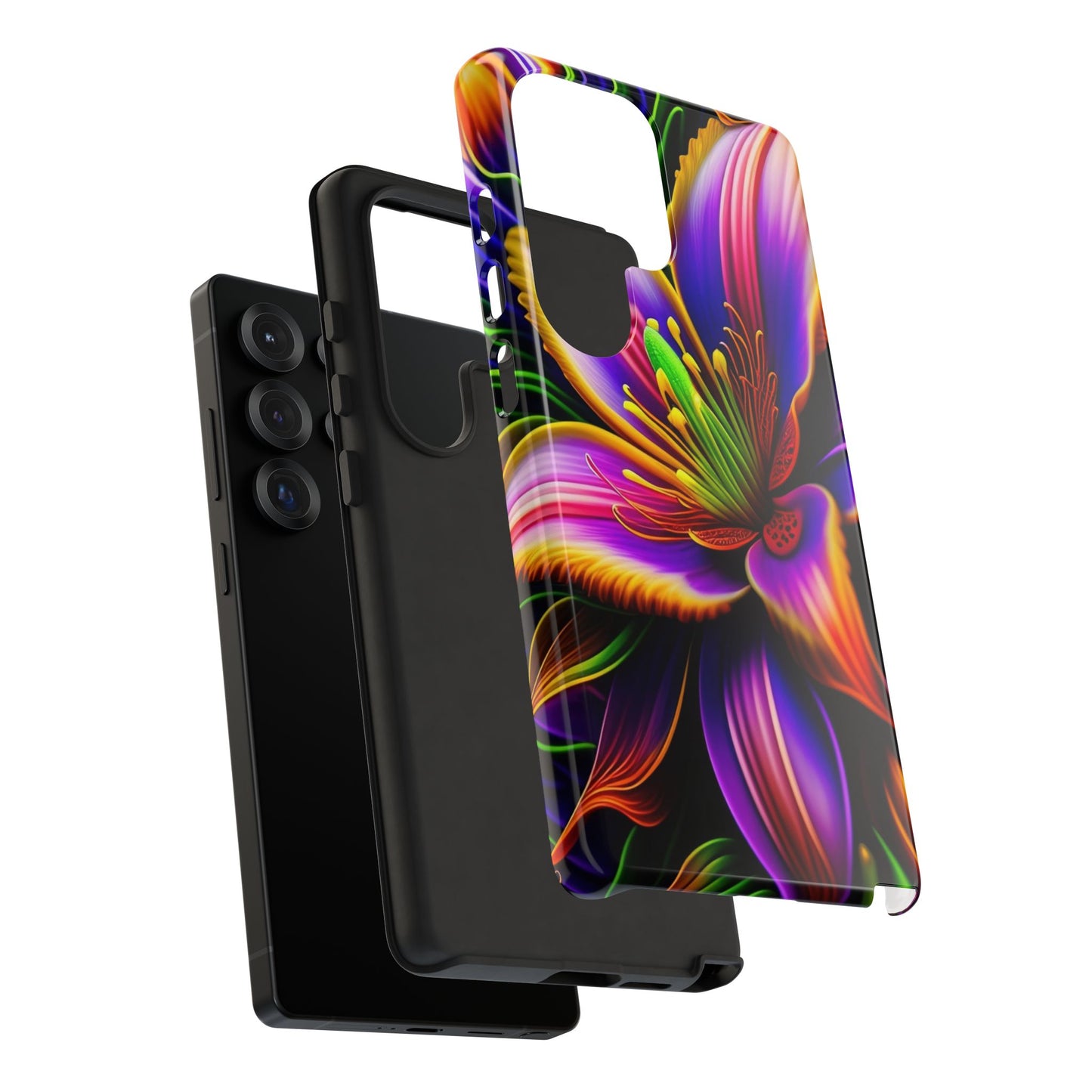 Floral Neon Tough Phone Case — Vivid Purple & Orange Lily Protective Cover