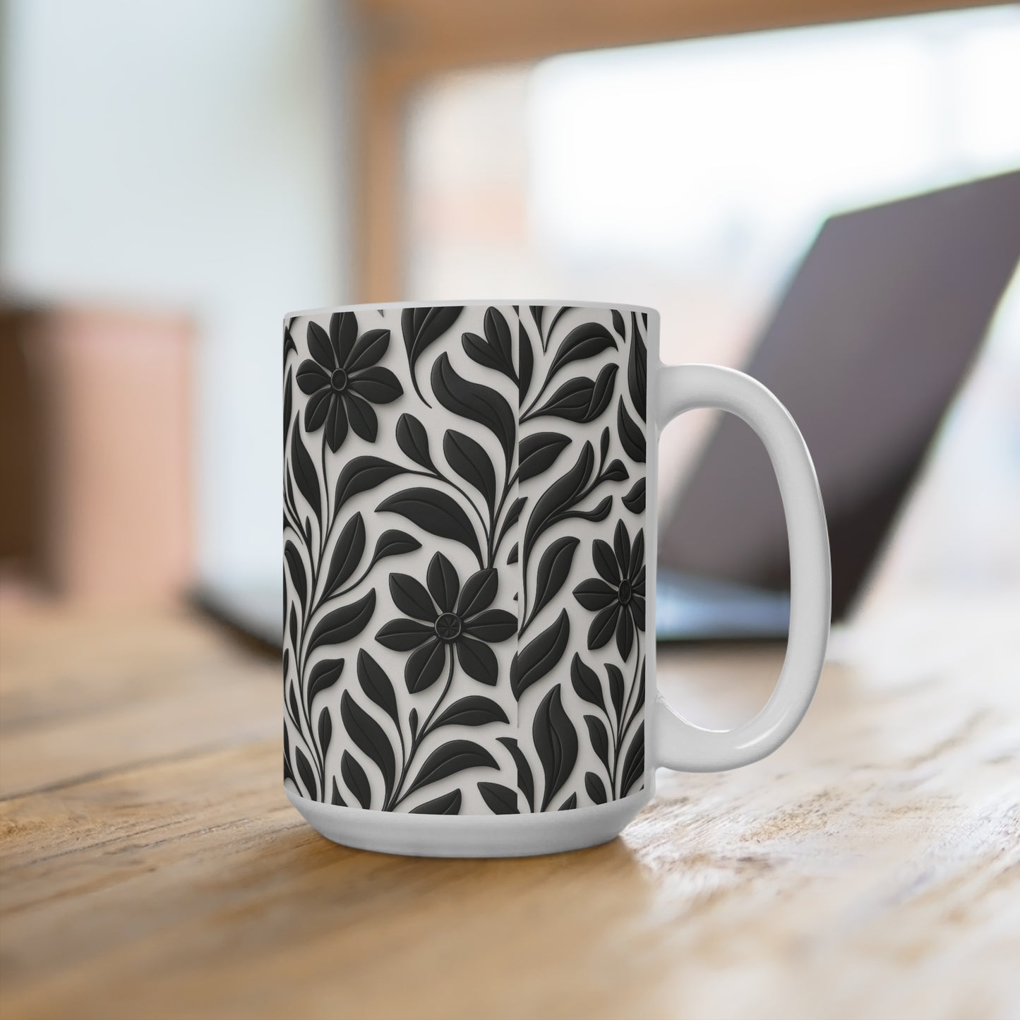 15oz Ceramic Mug — Black Floral Embossed Pattern, Elegant Botanical Coffee Cup