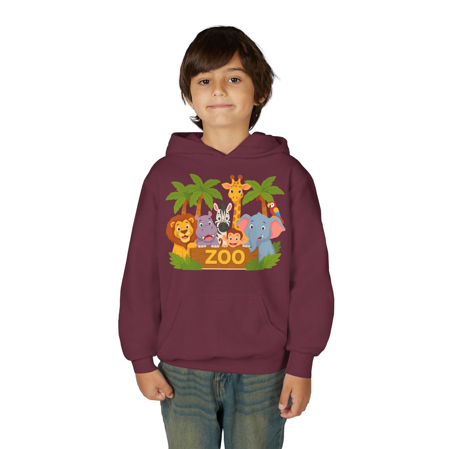 Kids Zoo Animals Hoodie - Cute Safari Lion Giraffe Elephant Sweatshirt