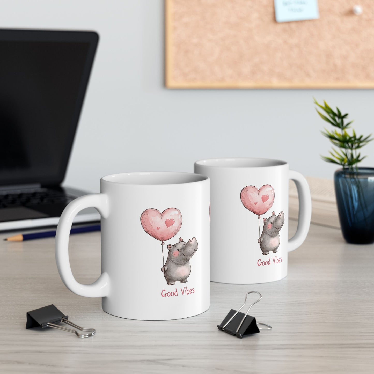 Cute Hippo Good Vibes Ceramic Mug, Gift for Animal Lovers, Positive Quote Coffee Cup, Birthday Present, Valentine's Day